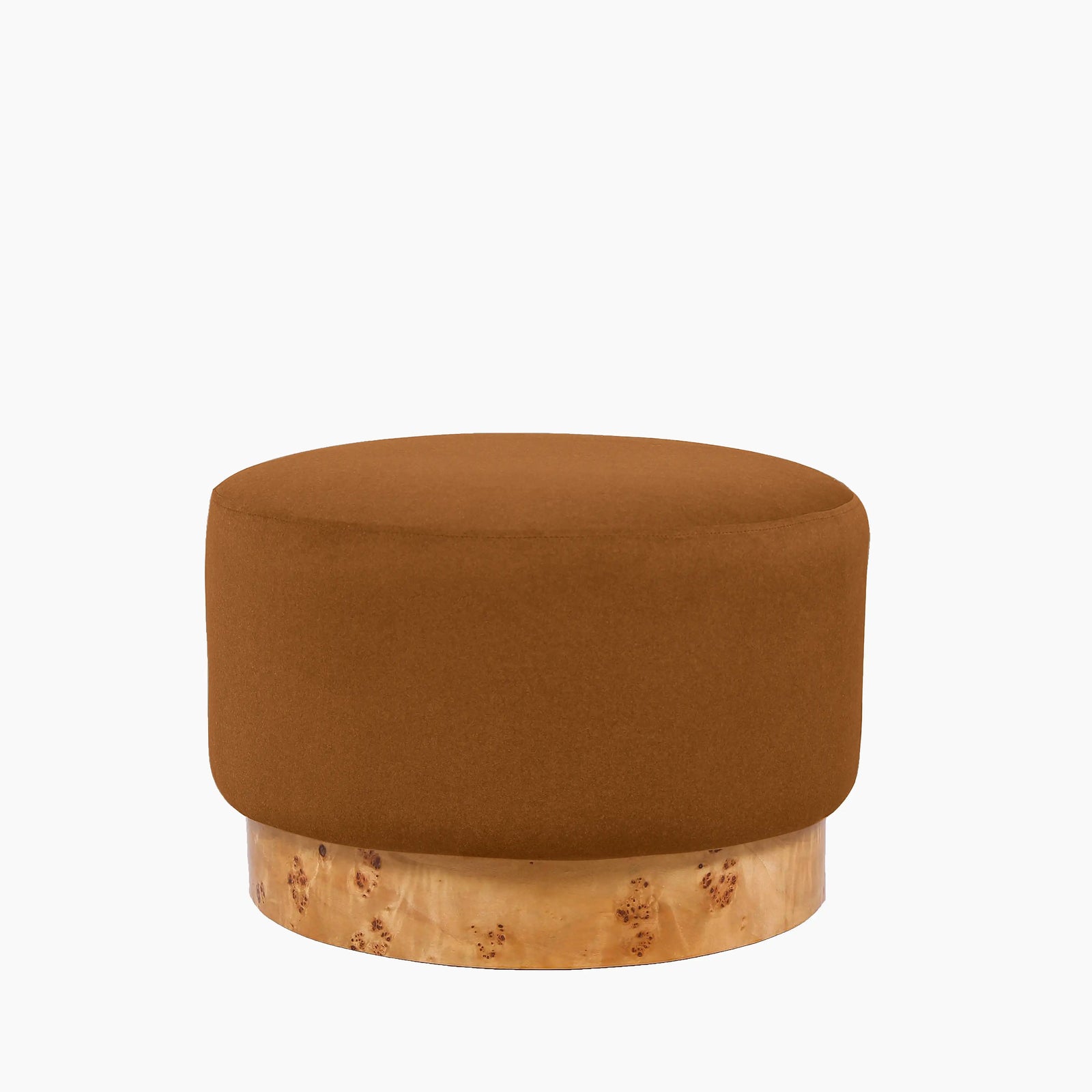 Marie Ottoman | Caramel Sustainable Mohair Velvet & Burl Wood