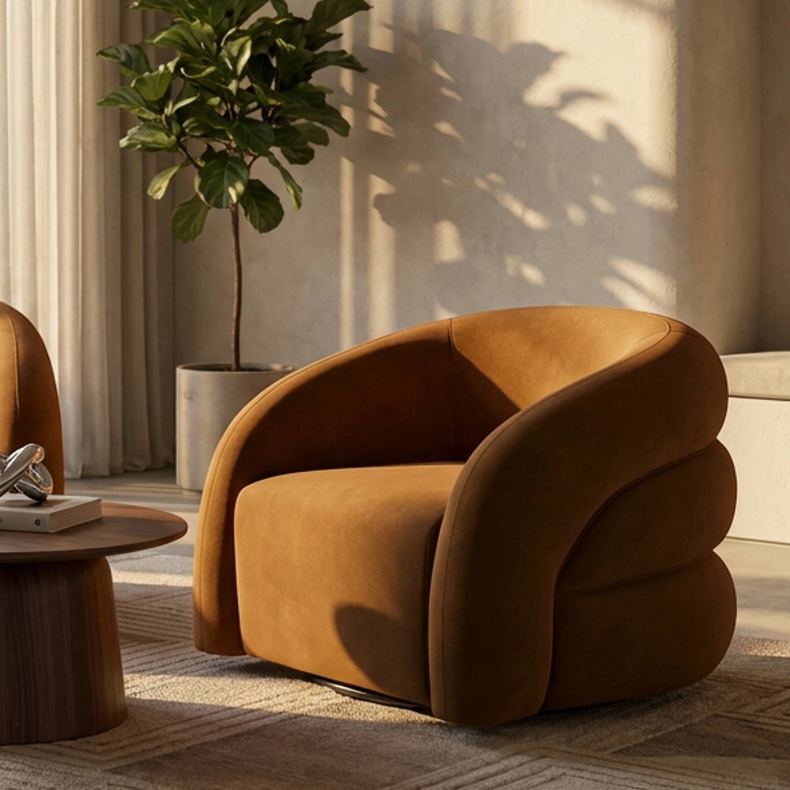 Chaplin Swivel Accent Chair | Caramel Brown Sustainable Mohair Velvet & Walnut