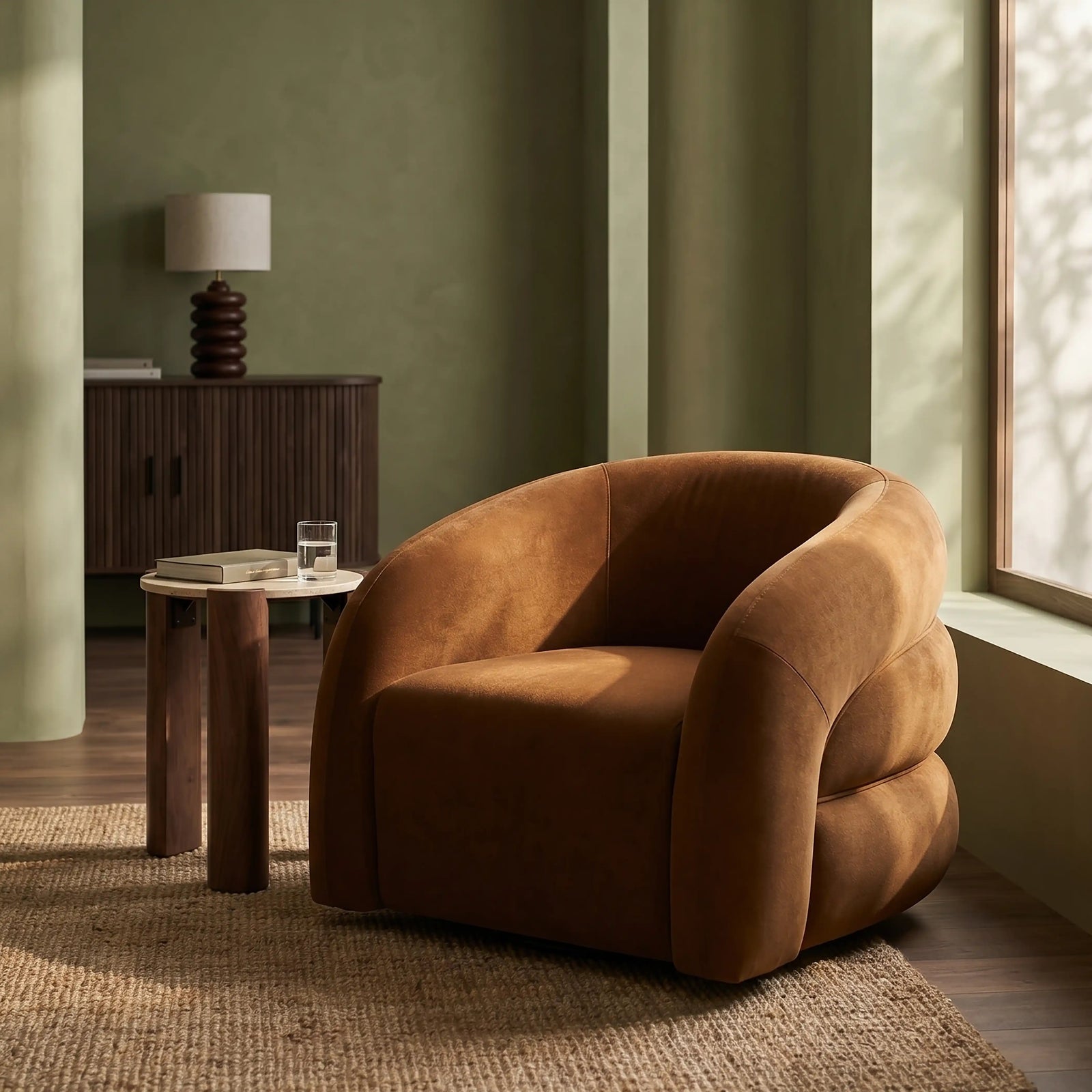 Chaplin Swivel Accent Chair | Caramel Brown Sustainable Mohair Velvet & Walnut