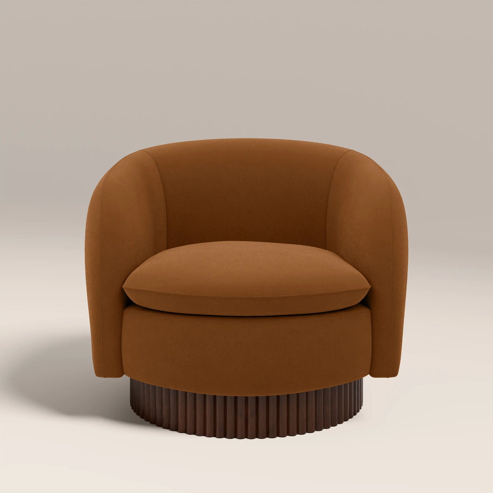 Viva Swivel Armchair | Caramel Brown Sustainable Mohair Velvet & Walnut