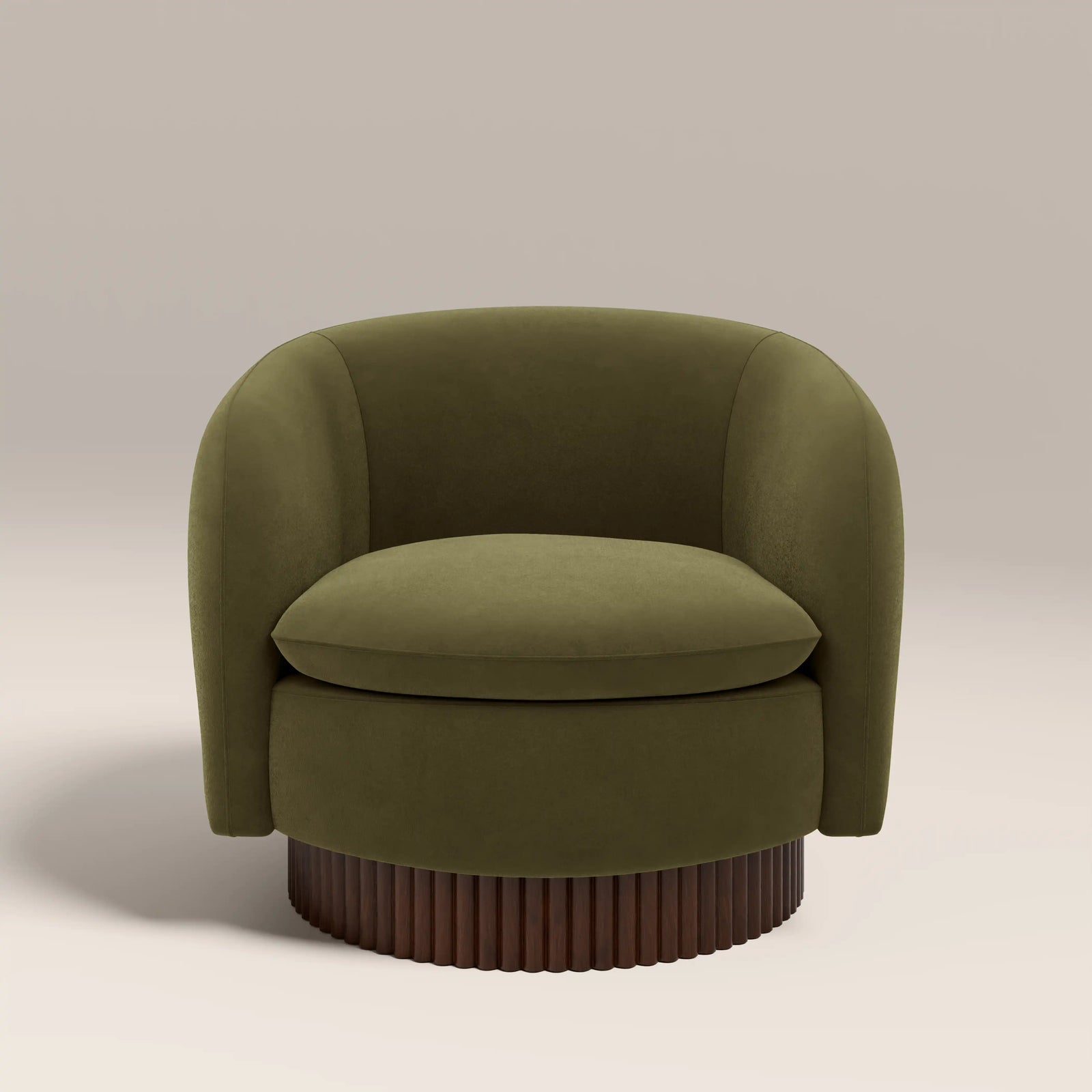 Viva Swivel Armchair | Moss Green Sustainable Mohair Velvet & Walnut