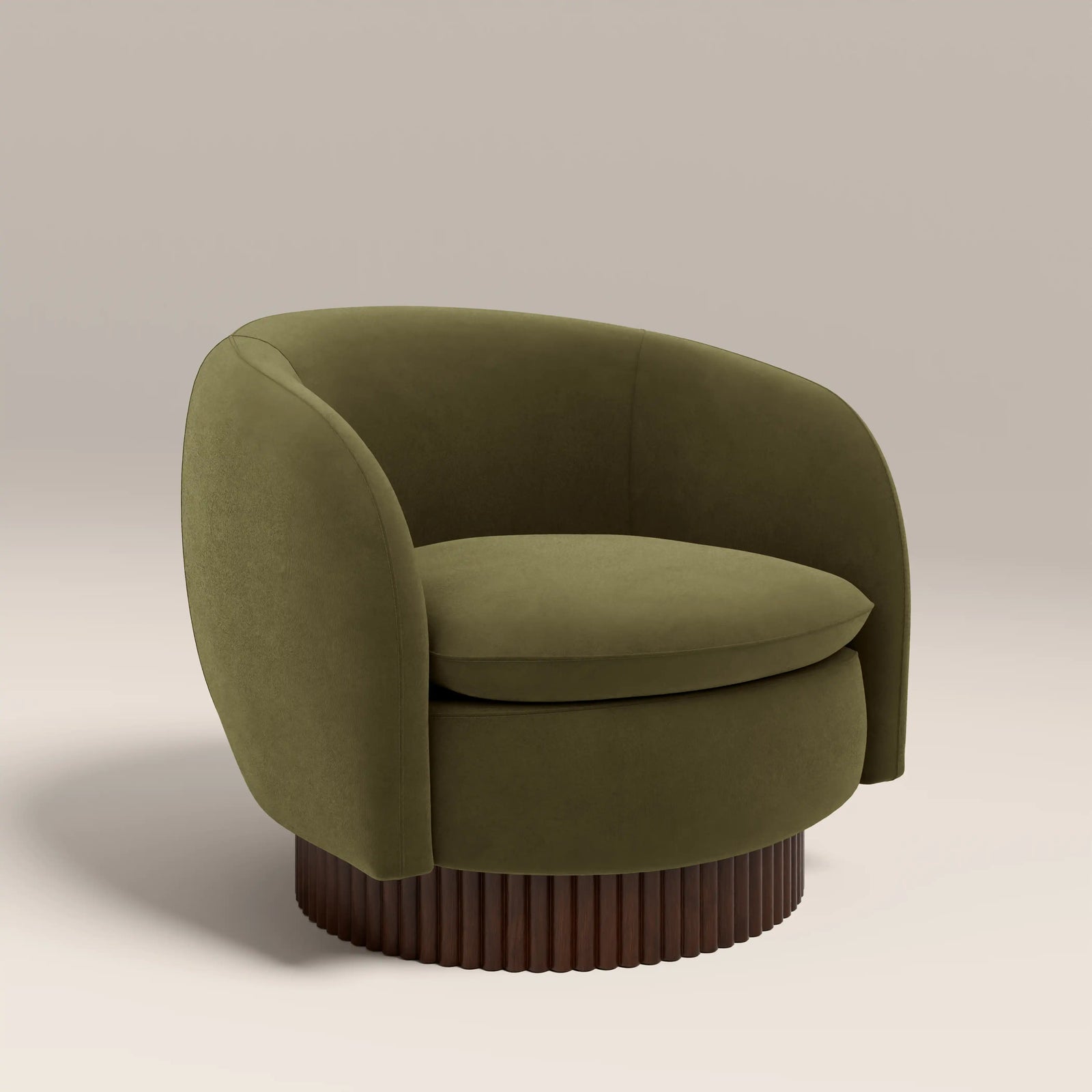 Viva Swivel Armchair | Moss Green Sustainable Mohair Velvet & Walnut