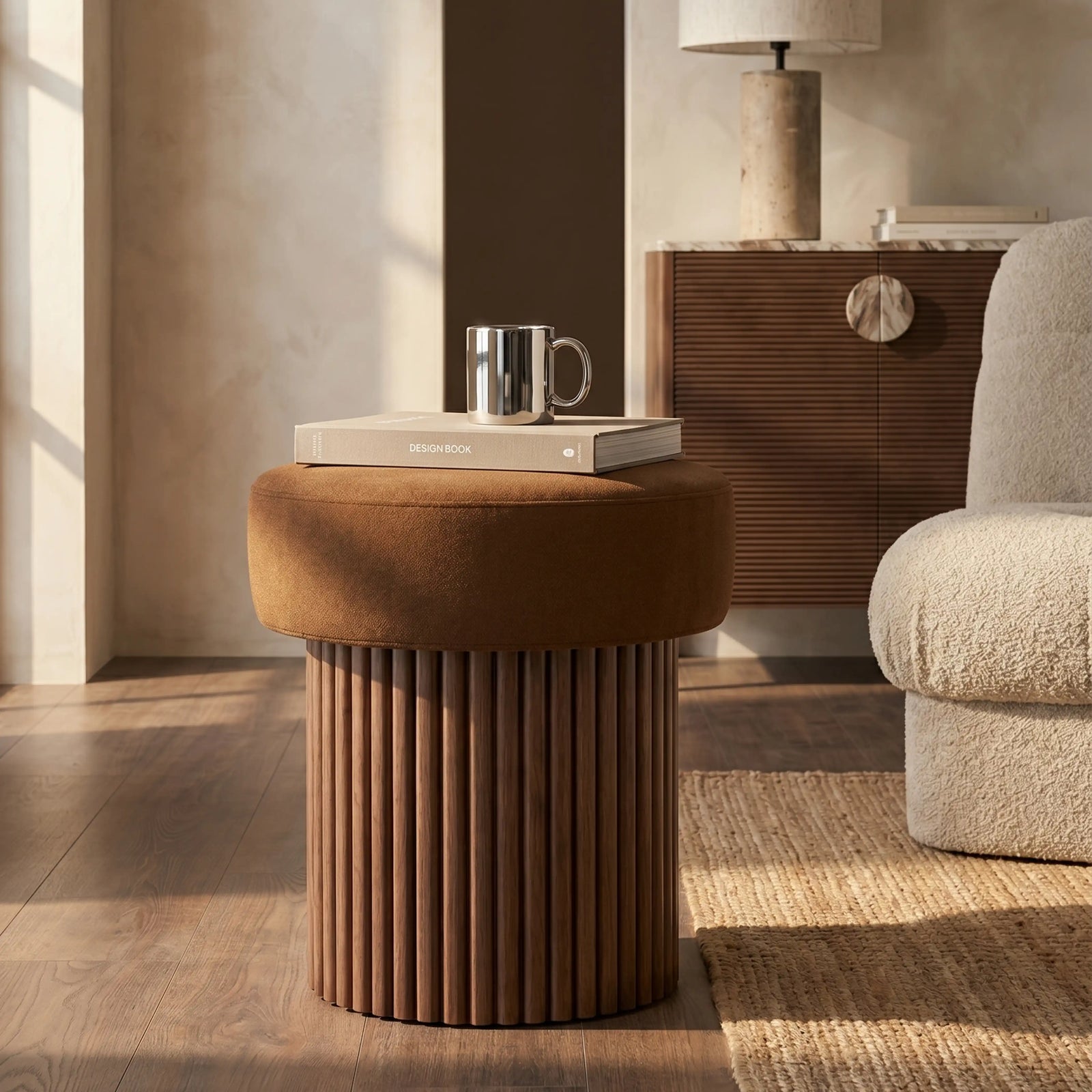 Alexis Storage Pouffe | Caramel Brown Sustainable Mohair Velvet & Walnut