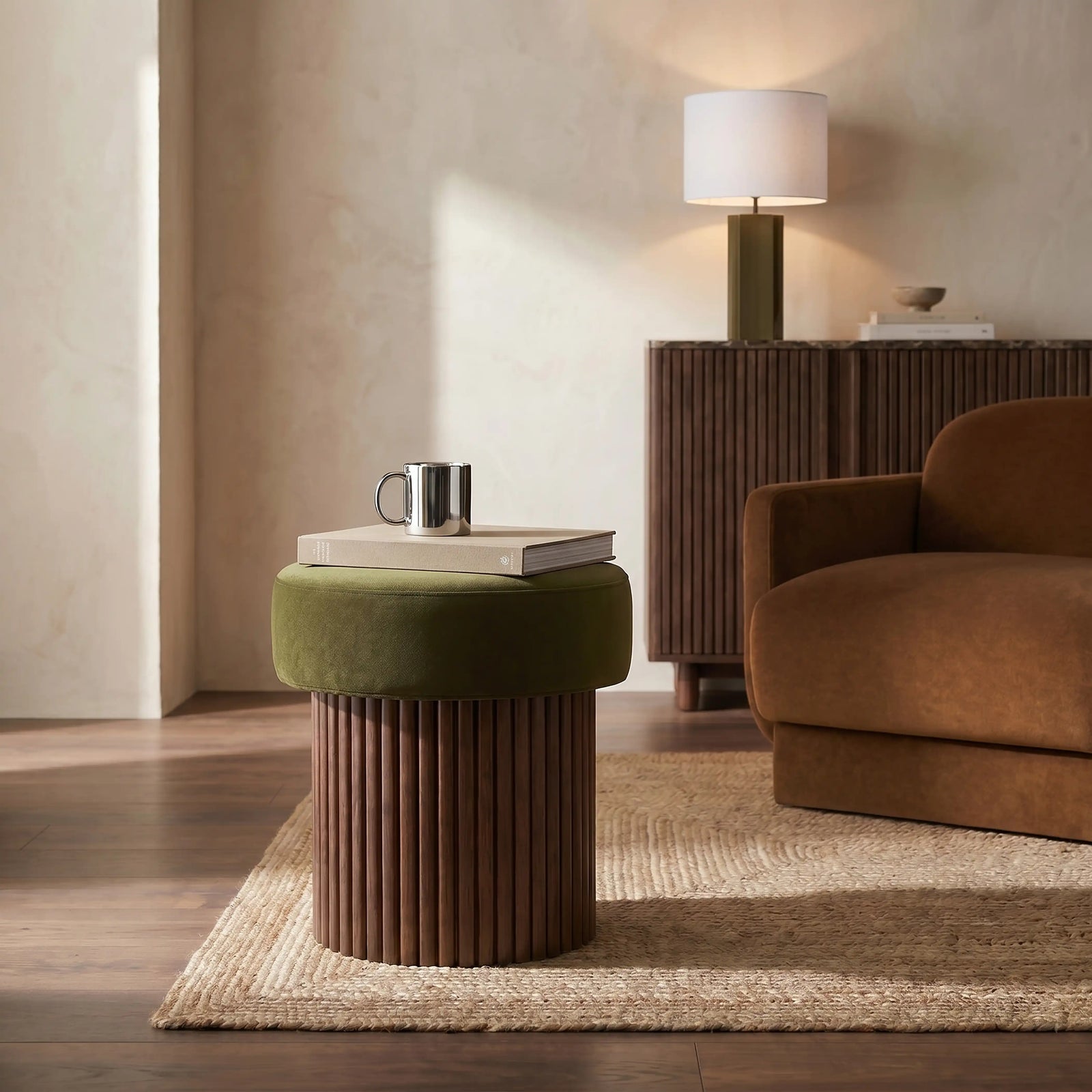 Alexis Storage Pouffe | Moss Green Sustainable Mohair Velvet & Walnut
