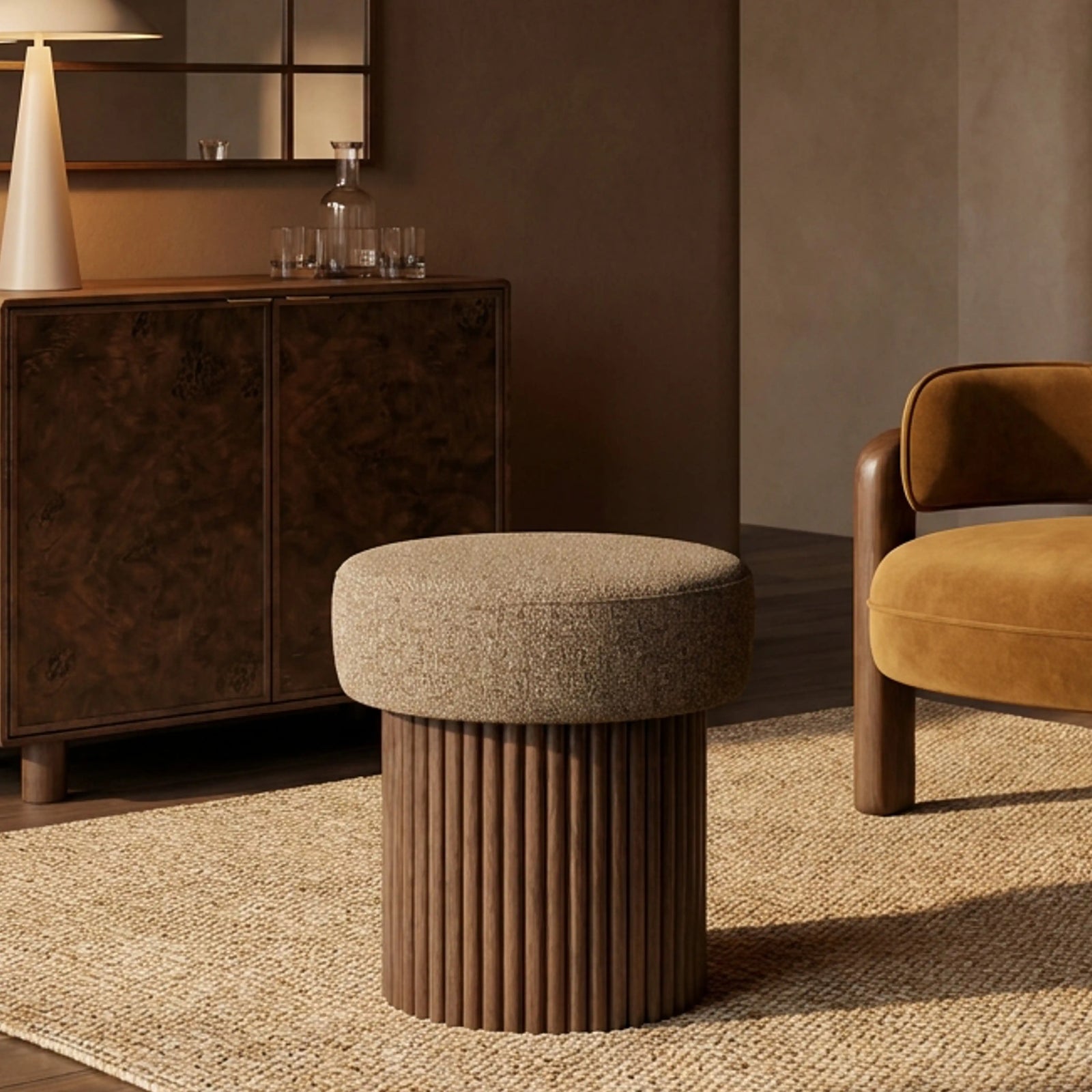 Alexis Storage Pouffe | Speckled Cappuccino Boucle & Walnut