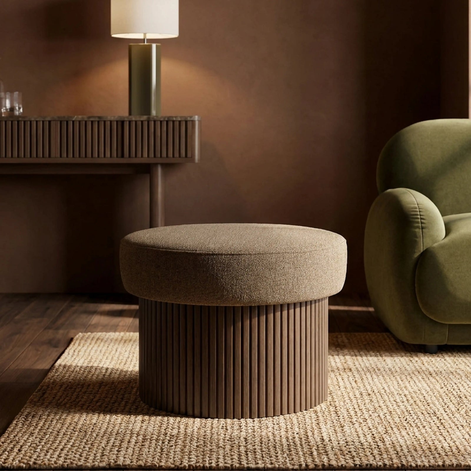 Alexis Storage Footstool | Speckled Cappuccino Boucle & Walnut