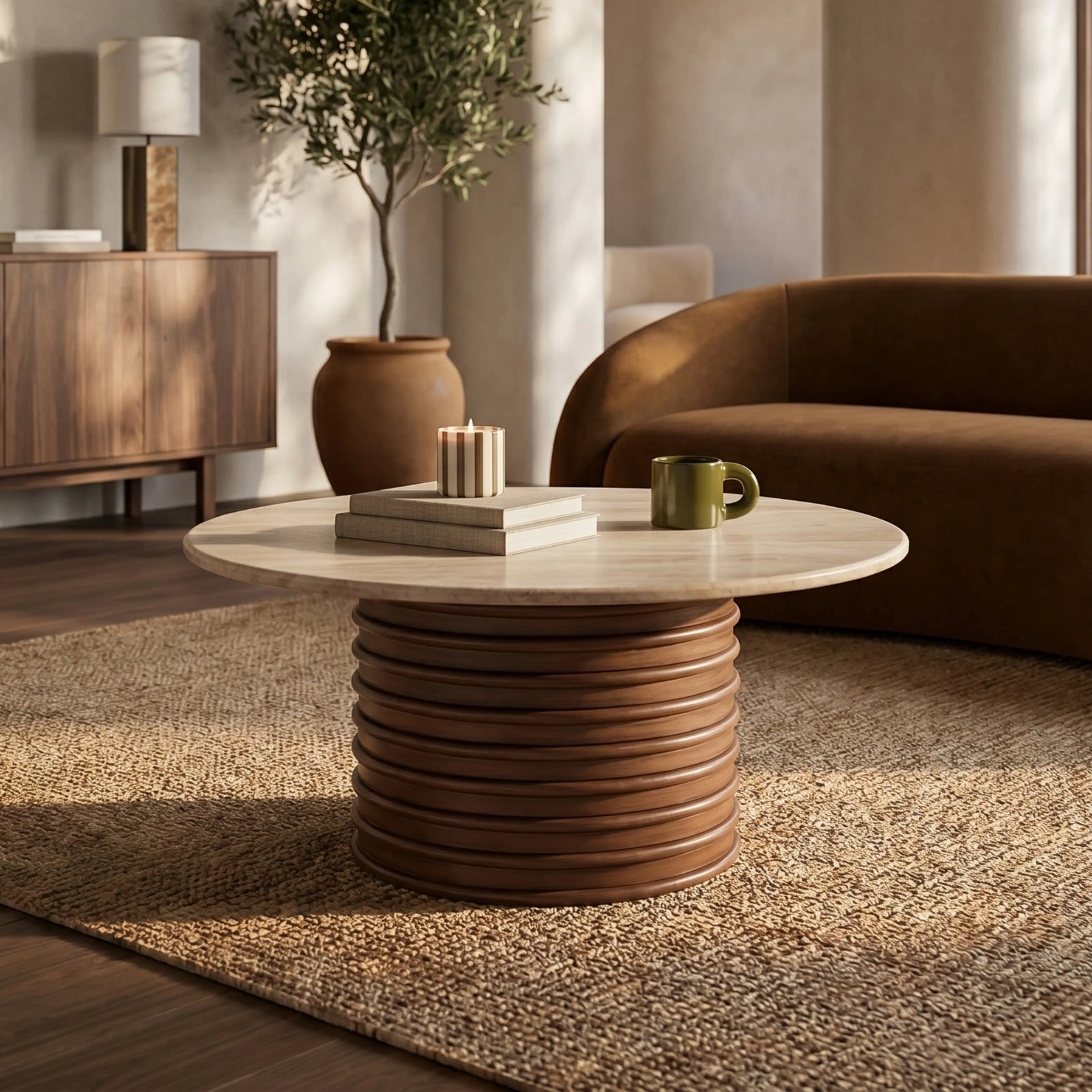 Dita Round Coffee Table | Natural Travertine & Walnut