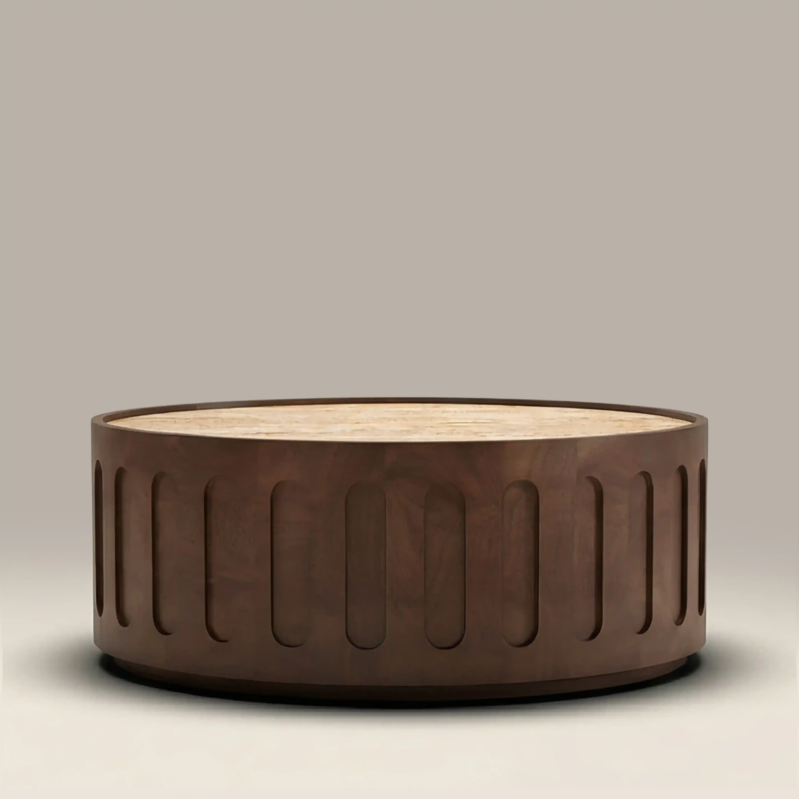 Juno Round Coffee Table | Natural Travertine & Walnut