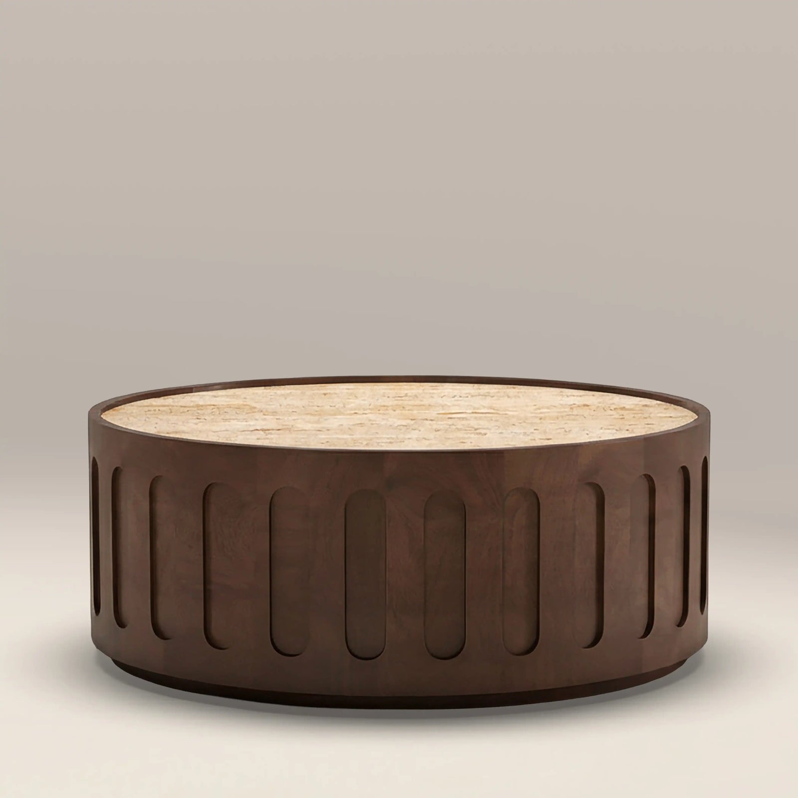 Juno Round Coffee Table | Natural Travertine & Walnut