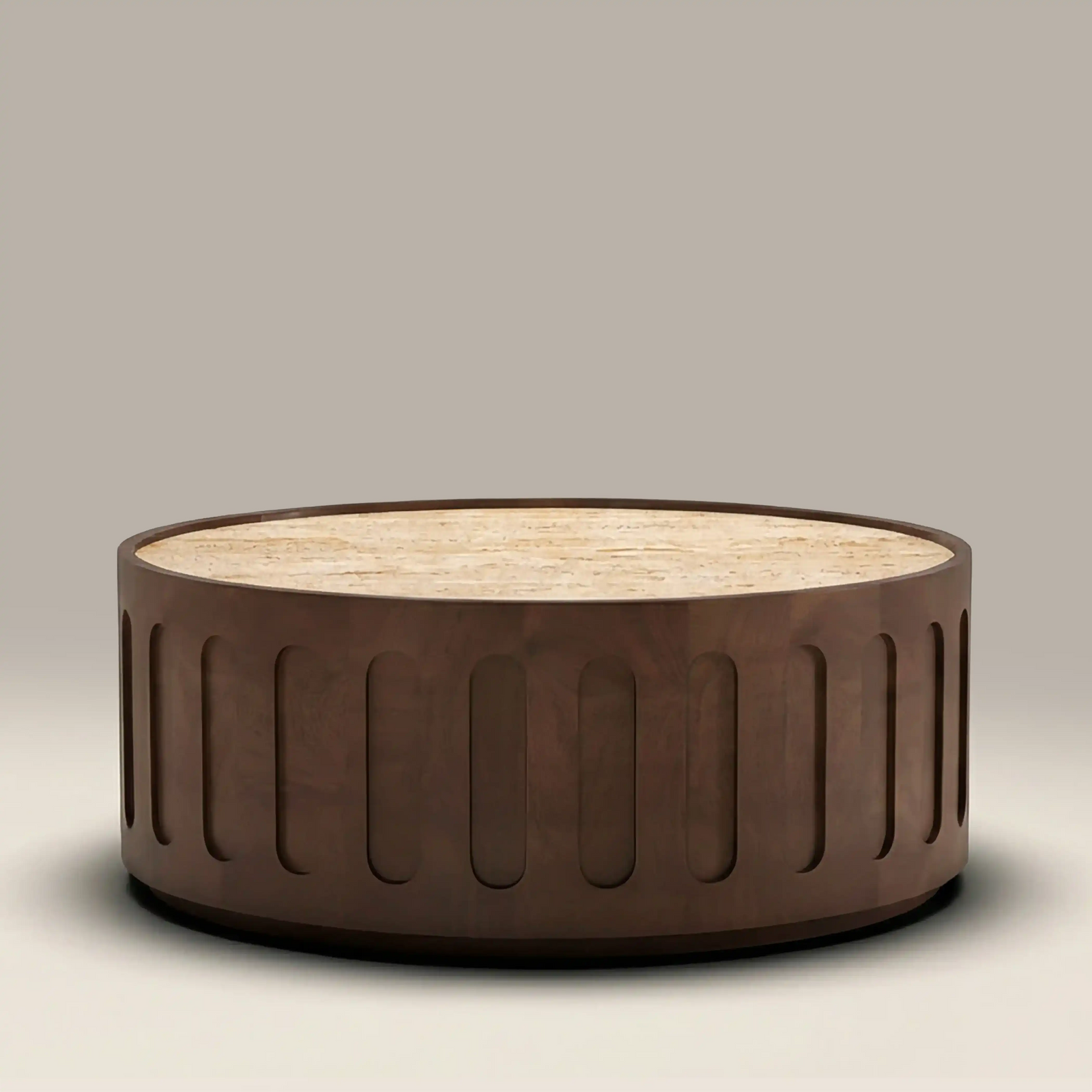 Juno Round Coffee Table | Natural Travertine & Walnut