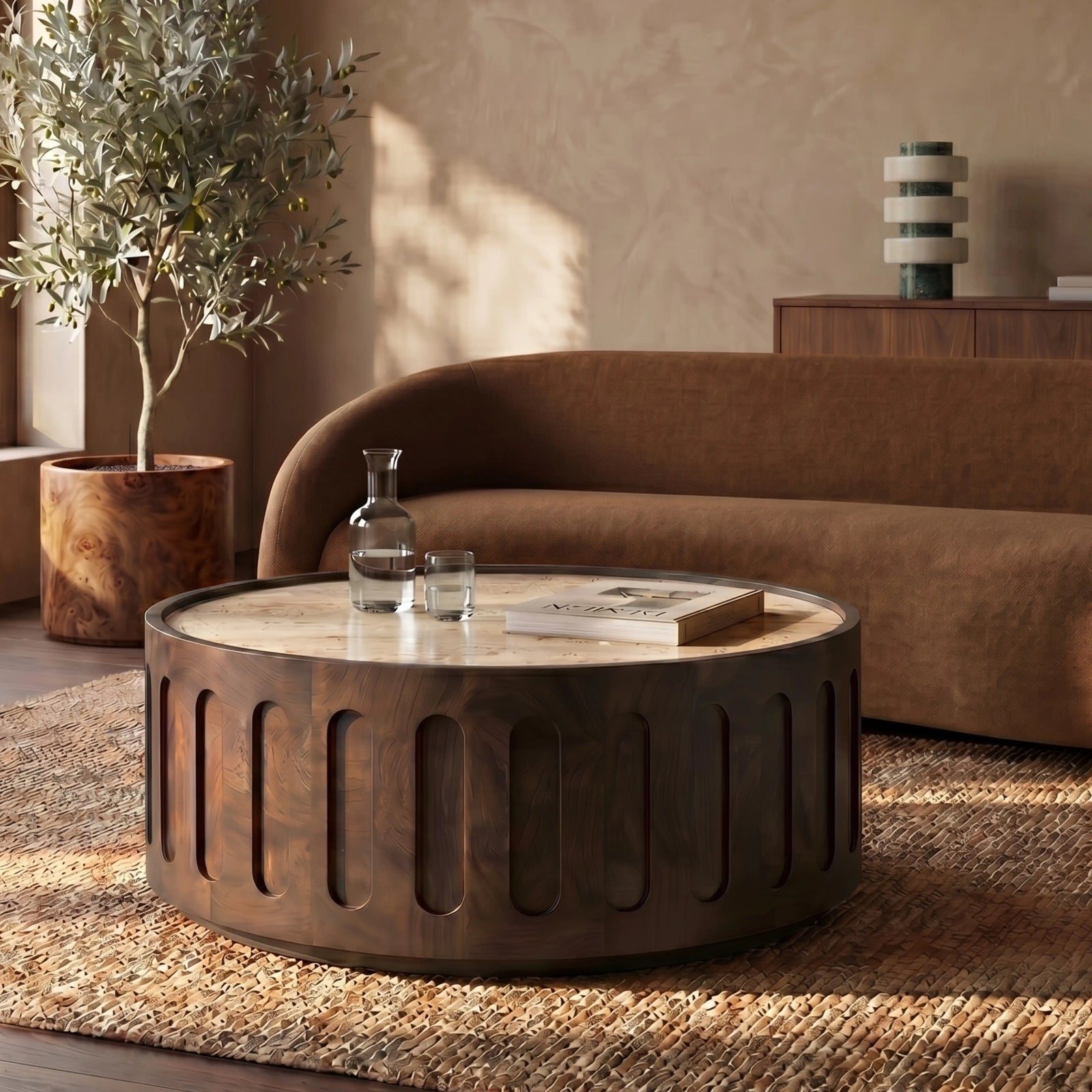 Juno Round Coffee Table | Natural Travertine & Walnut