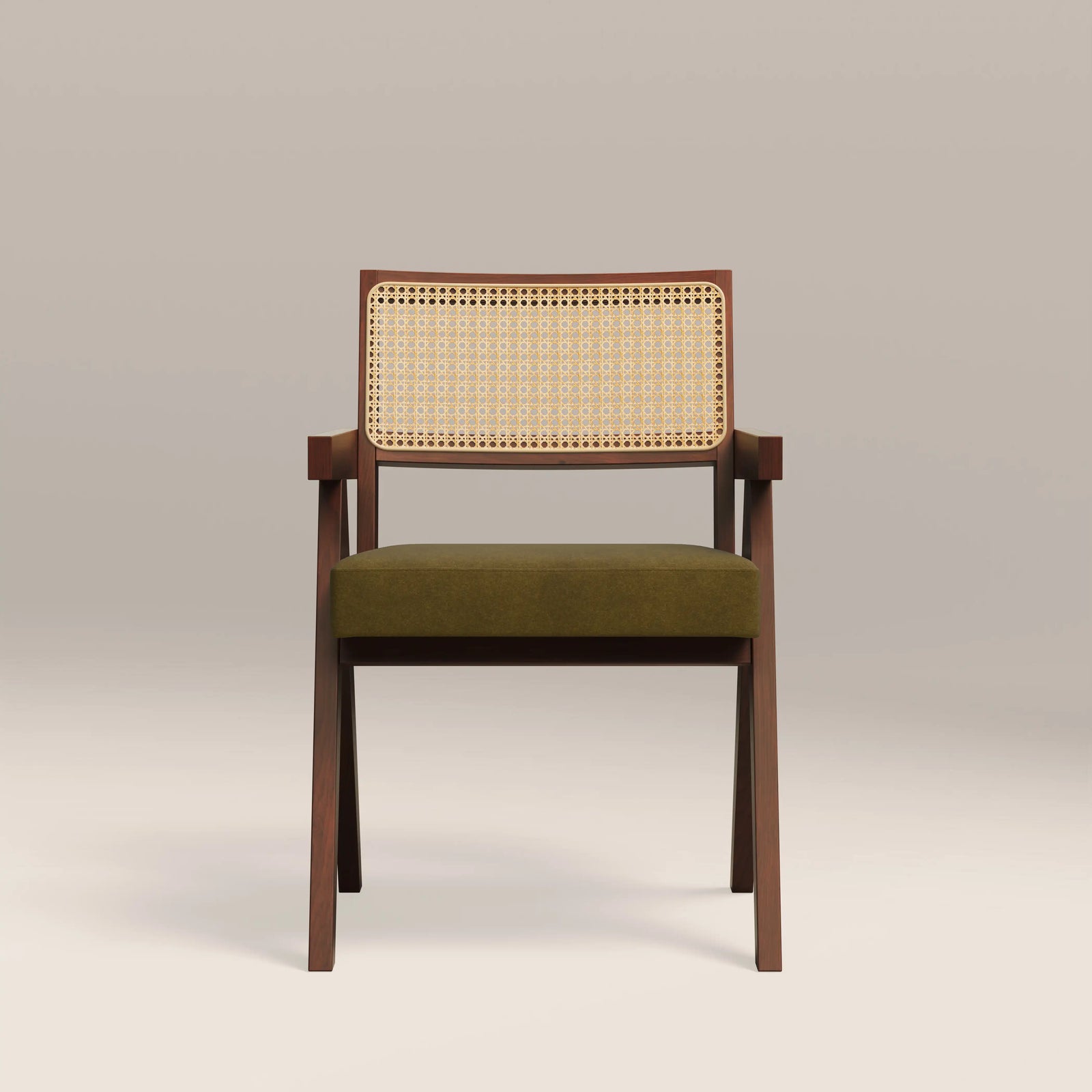 Cary Wooden Carver Dining Chair | Moss Green Sustainable Mohair Velvet & Walnut