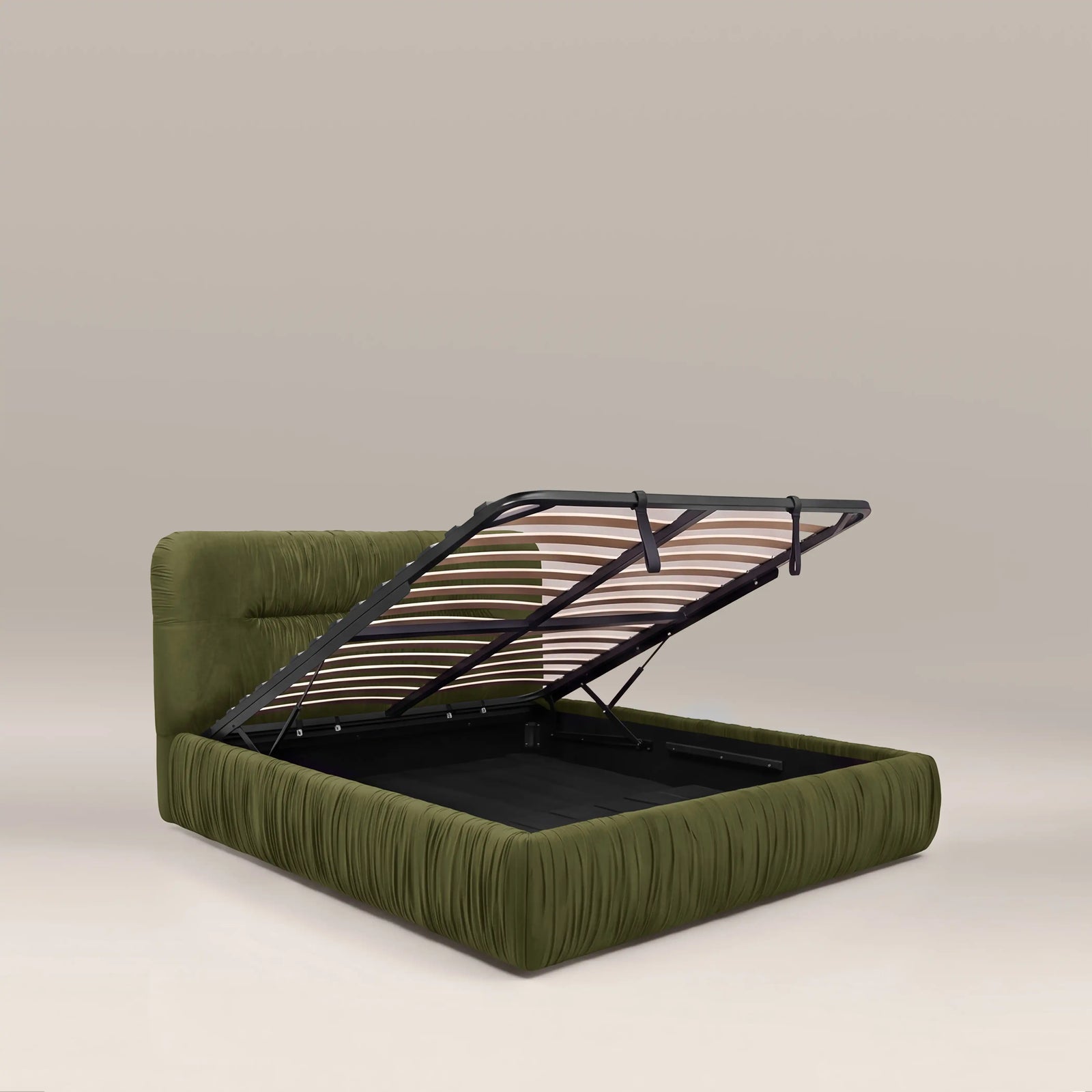 Bronte Ottoman Storage Double Bed | Olive Green Sustainable Velvet