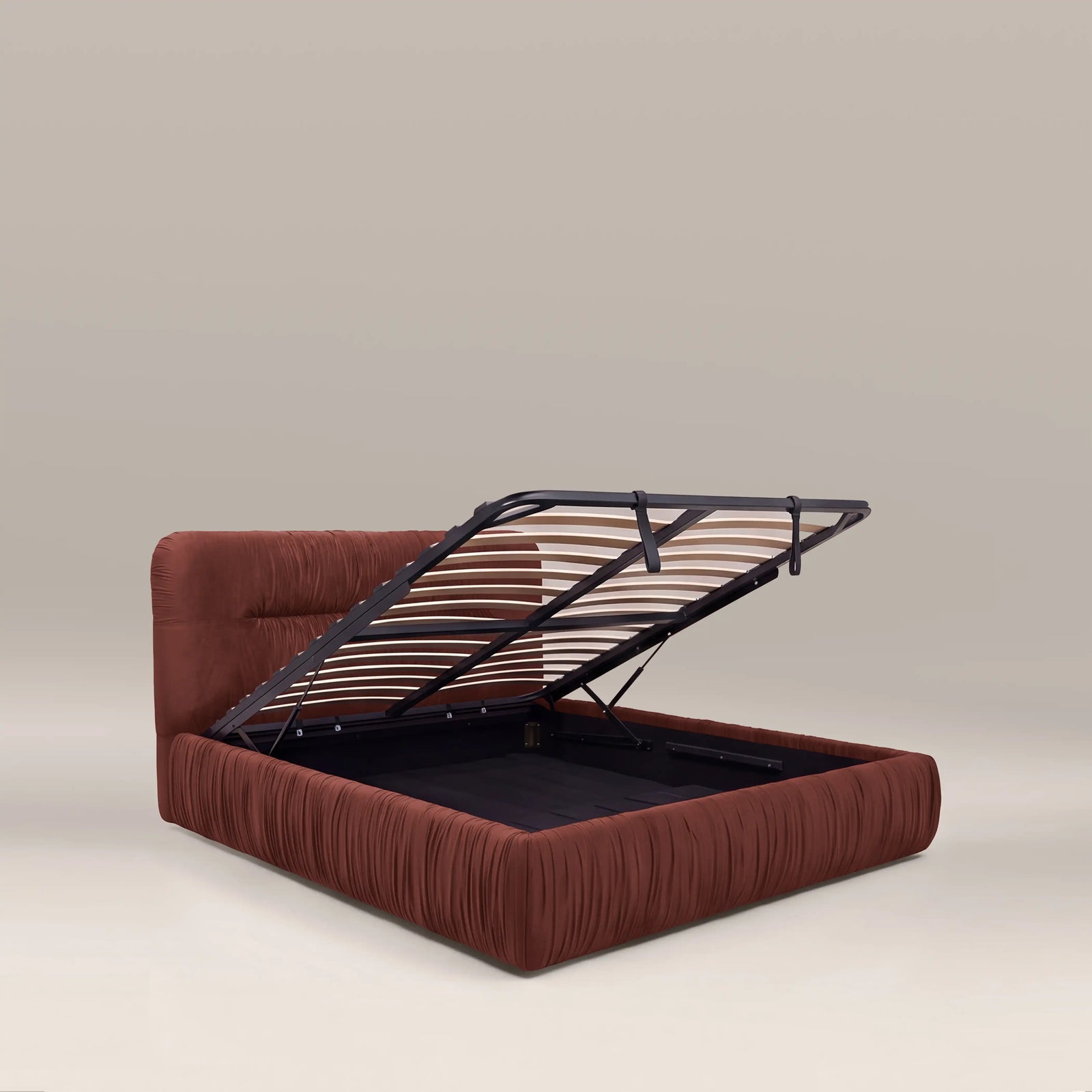 Bronte Ottoman Storage Double Bed | Rust Red Sustainable Velvet