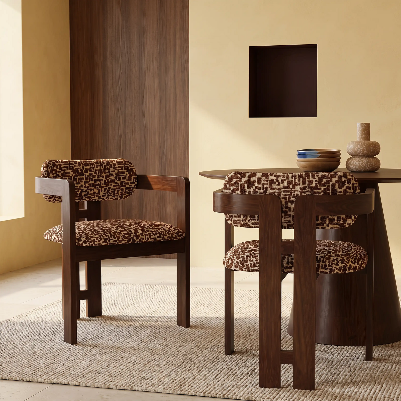 Hallie Wooden Carver Dining Chair | Ochre Maze Patterned Fabric & Walnut