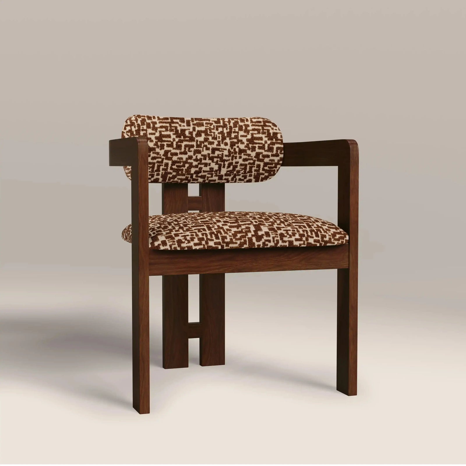 Hallie Wooden Carver Dining Chair | Ochre Maze Patterned Fabric & Walnut
