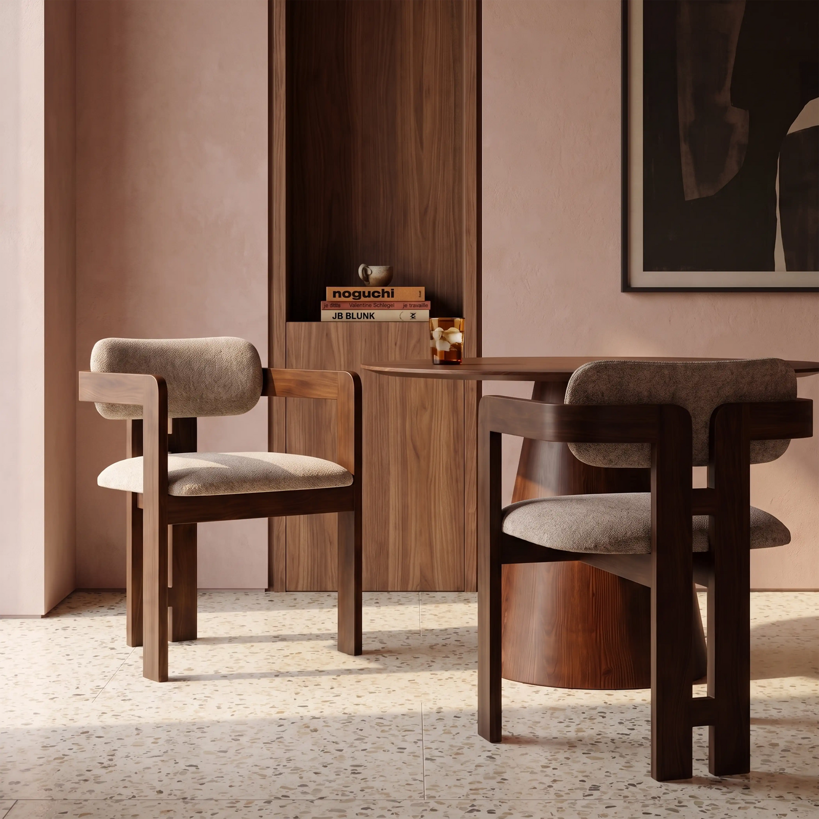 Hallie Wooden Carver Dining Chair | Soft Barley Sustainable Mohair Velvet & Walnut