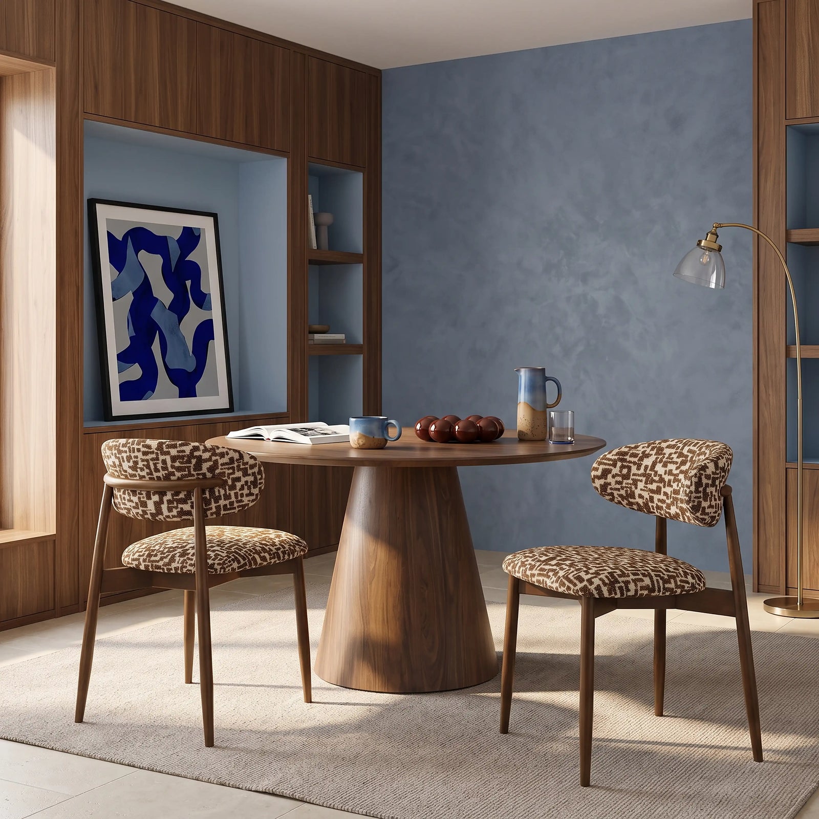 Halston Wooden Dining Chair | Ochre Maze Patterned Fabric & Walnut