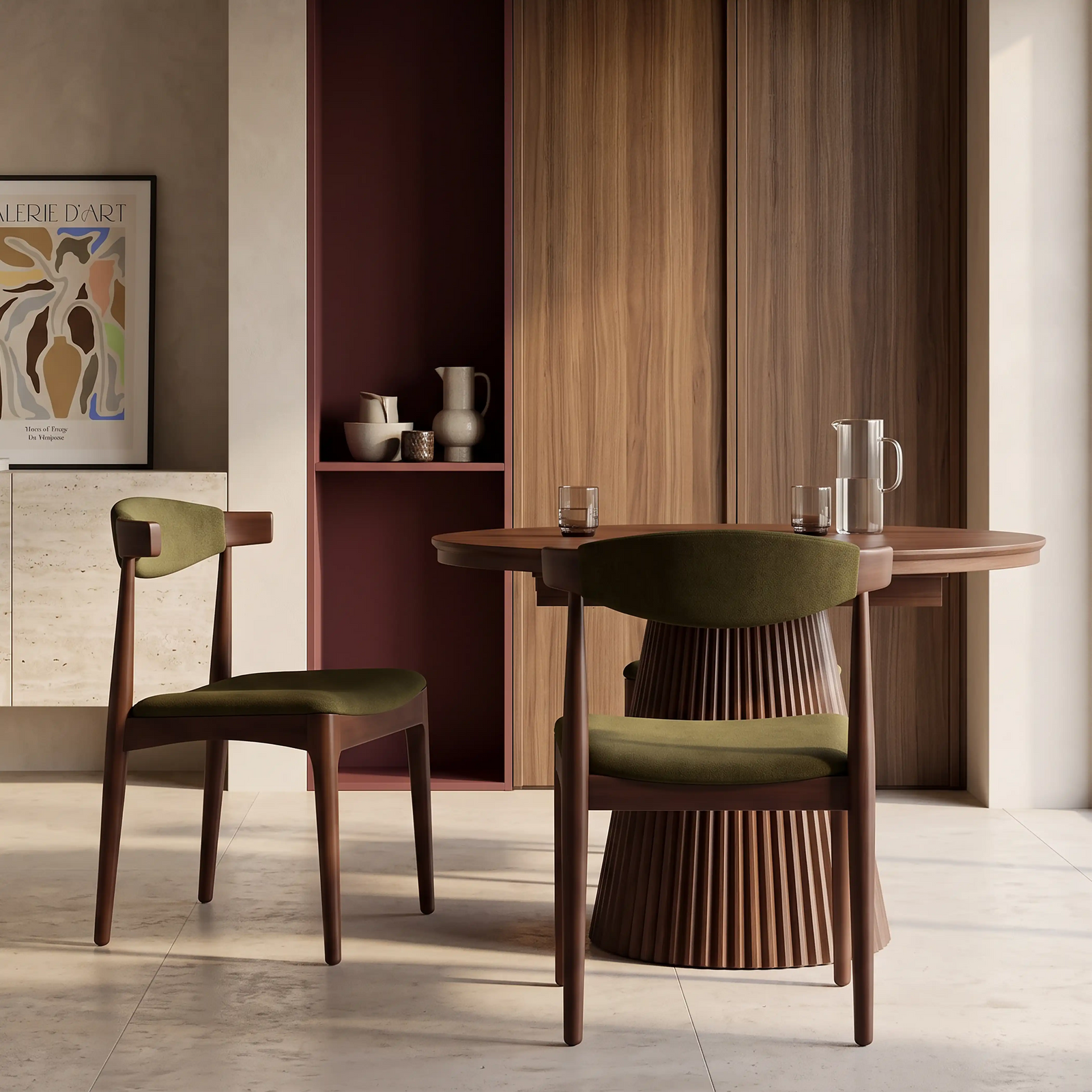 Marton Wooden Dining Chair | Moss Green Sustainable Mohair Velvet & Walnut
