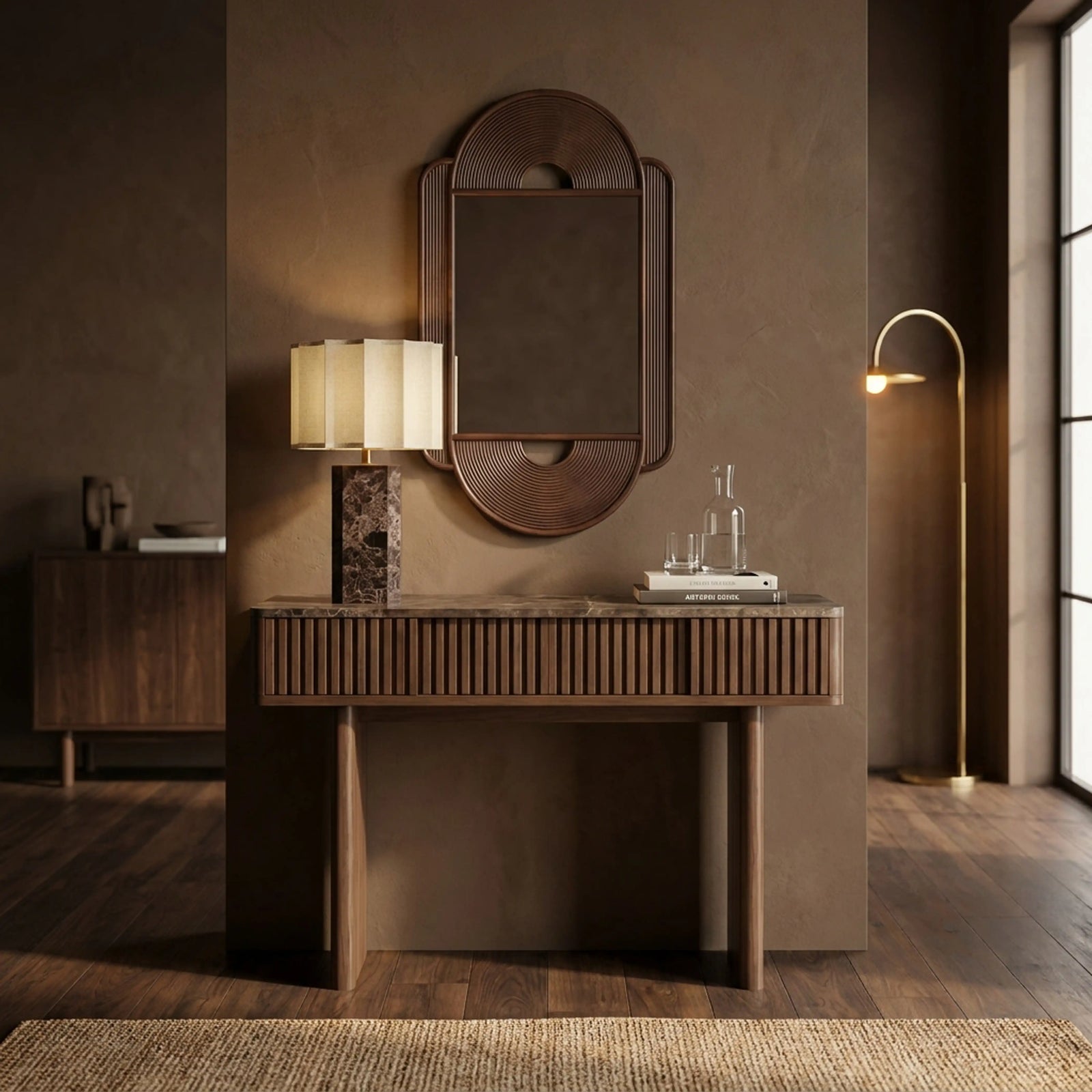 Janis 2 Drawer Console Table | Emperador Brown Honed Marble & Walnut