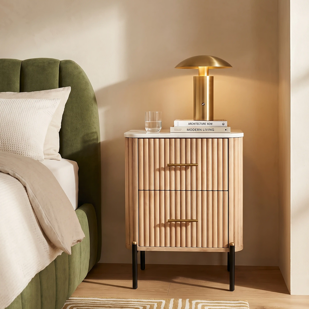 Oliver 2 Drawer Rectangle Bedside Table | White Marble & Natural