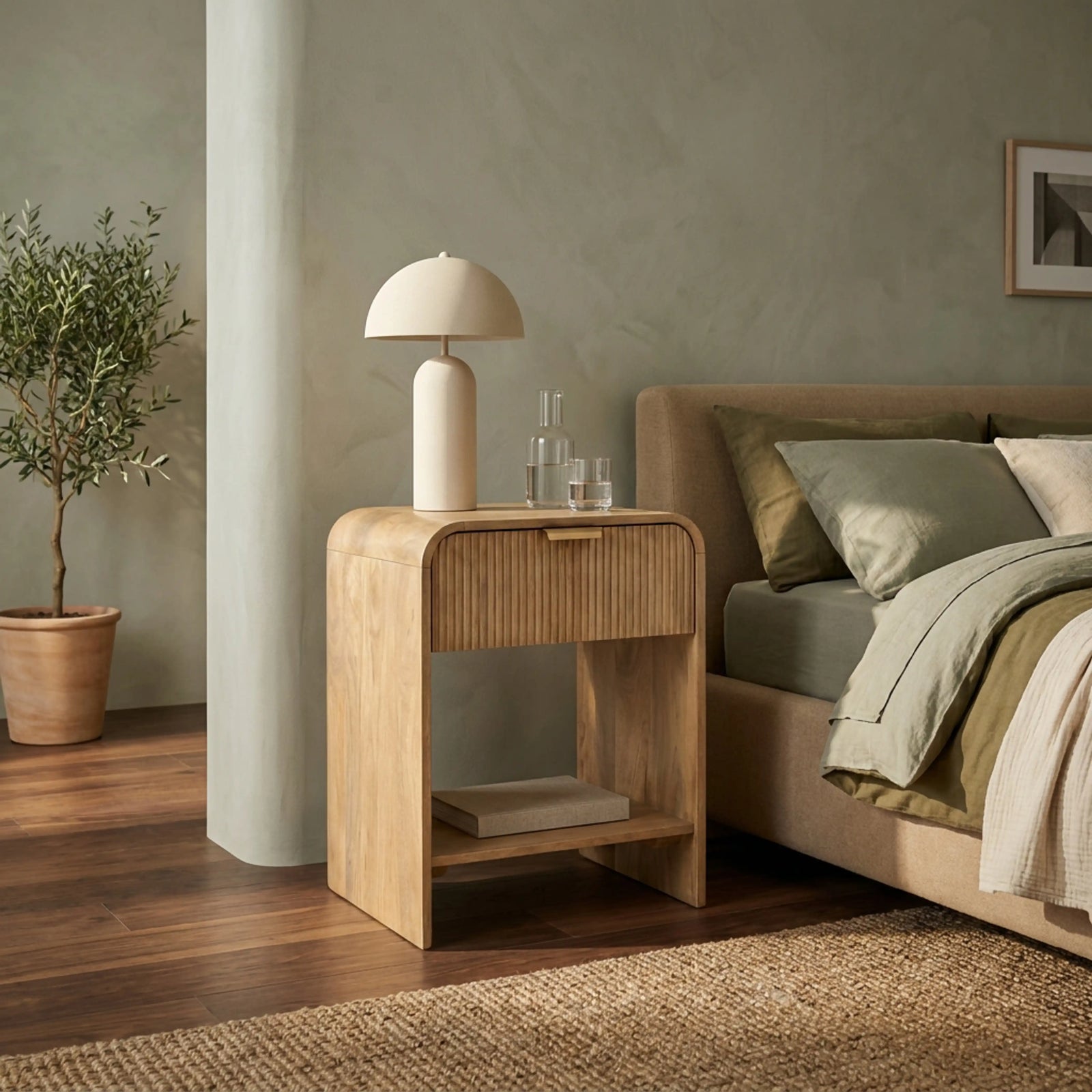Winnie Large 1 Drawer Curved Wooden Bedside Table | Natural Mango Wood