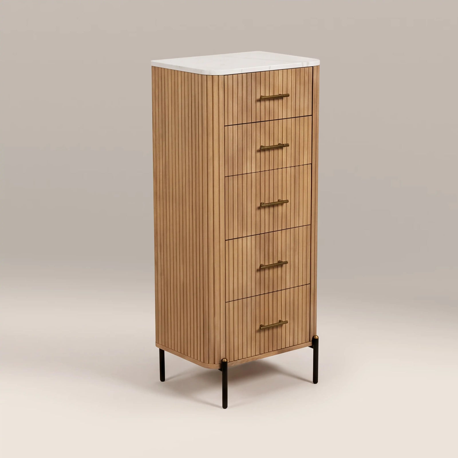 Oliver Tall 5 Drawer Chest of Drawers | White Marble & Natural
