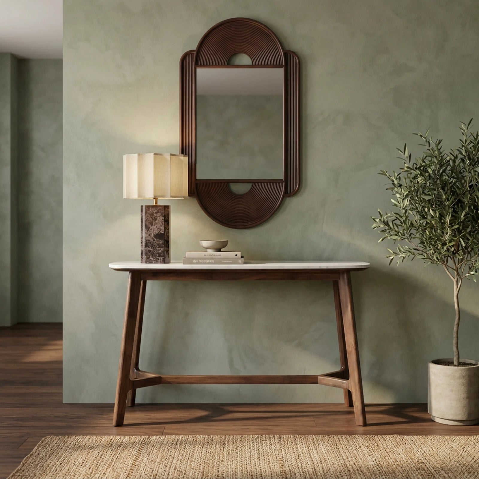 Lambert Console Table | White Marble & Walnut