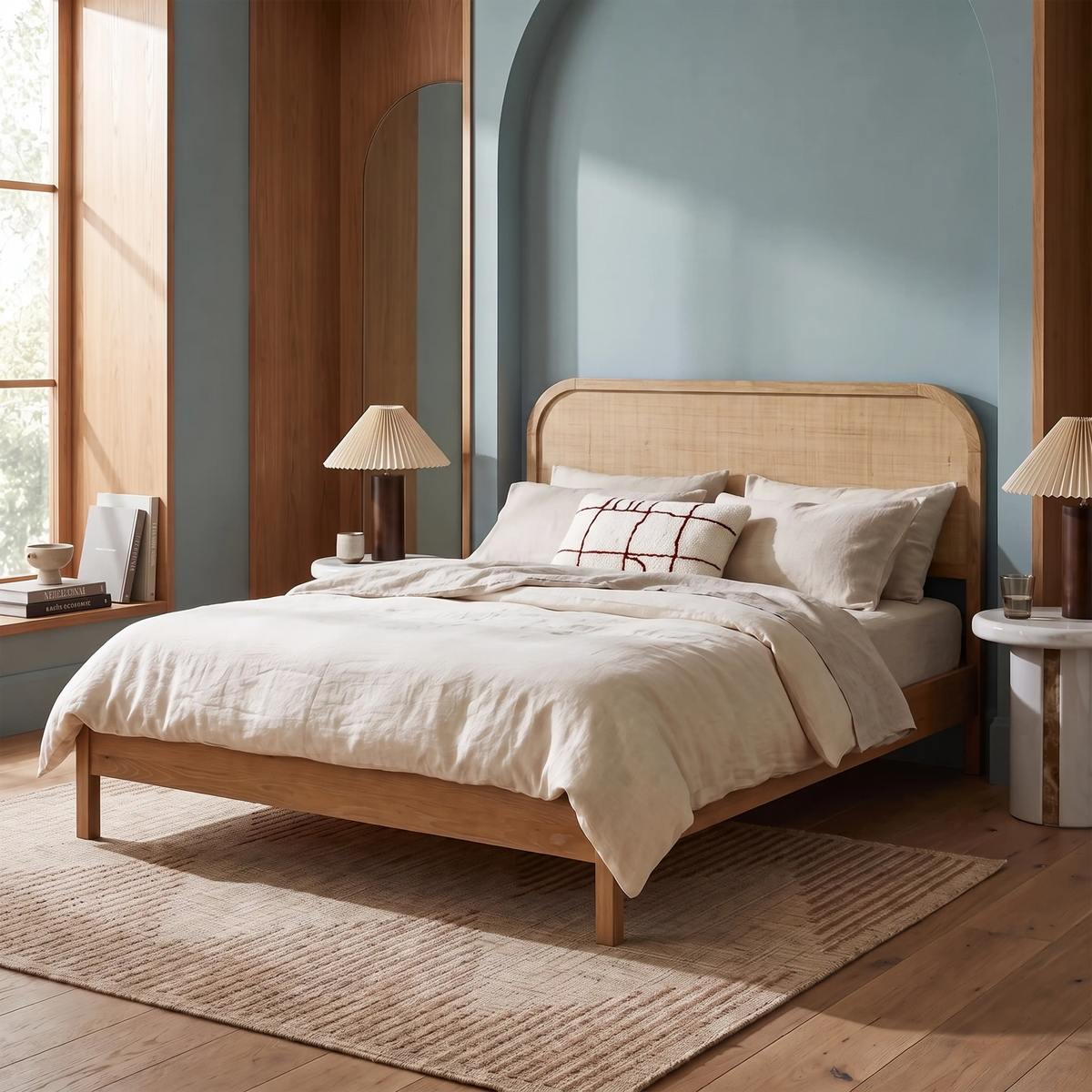 Ashen Wooden King Bed | Natural Rattan & Oak