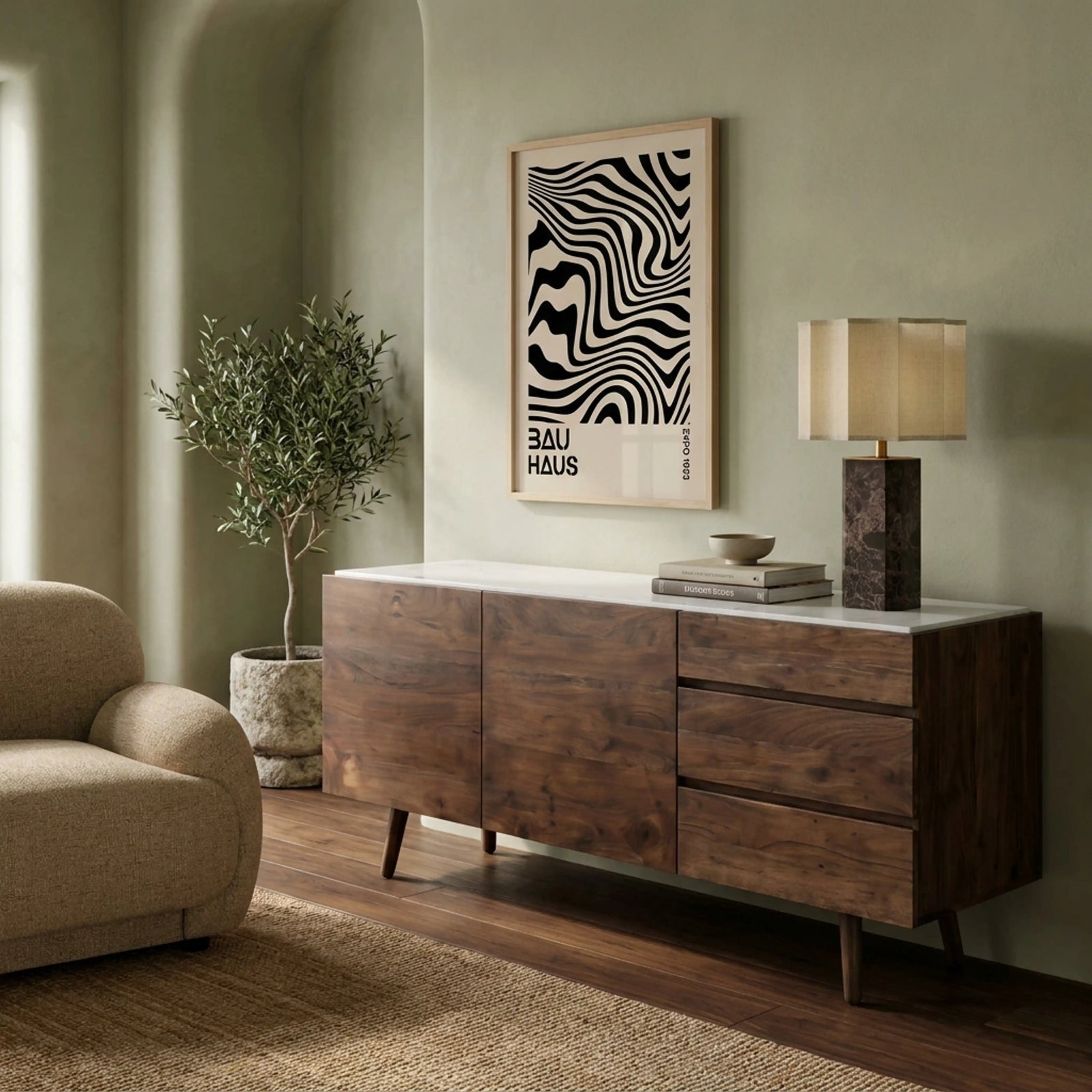 Lambert 2 Door Sideboard | White Marble & Walnut