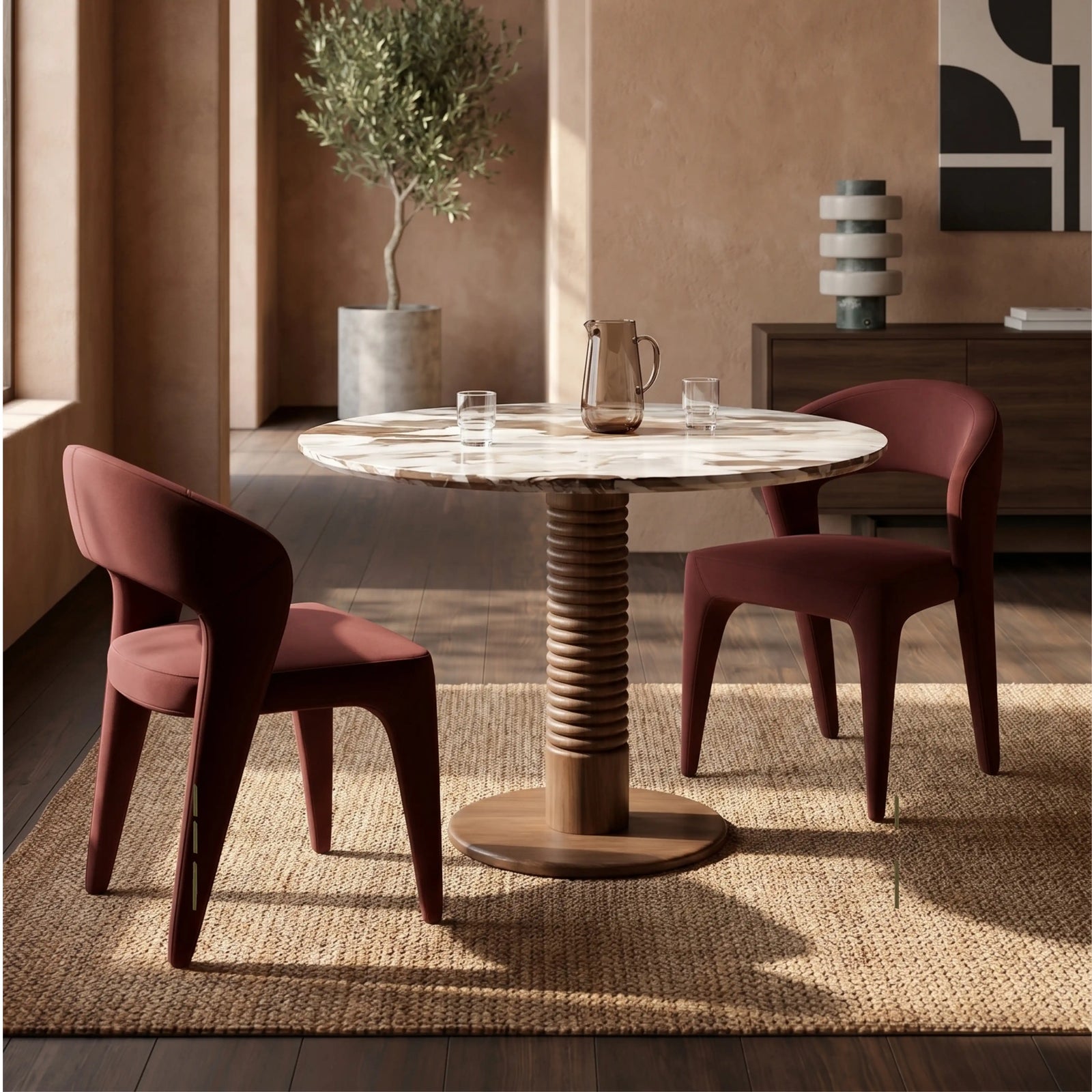 Dita 2 Seat Round Dining Table | French Riviera Honed Marble & Walnut
