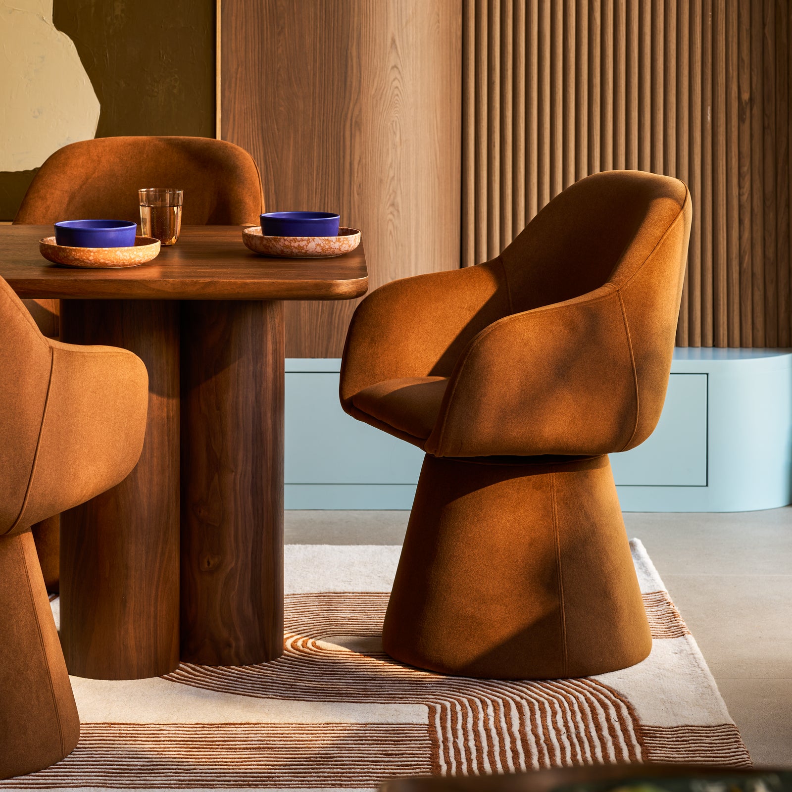 Herman Swivel Carver Dining Chair | Caramel Brown Sustainable Mohair Velvet