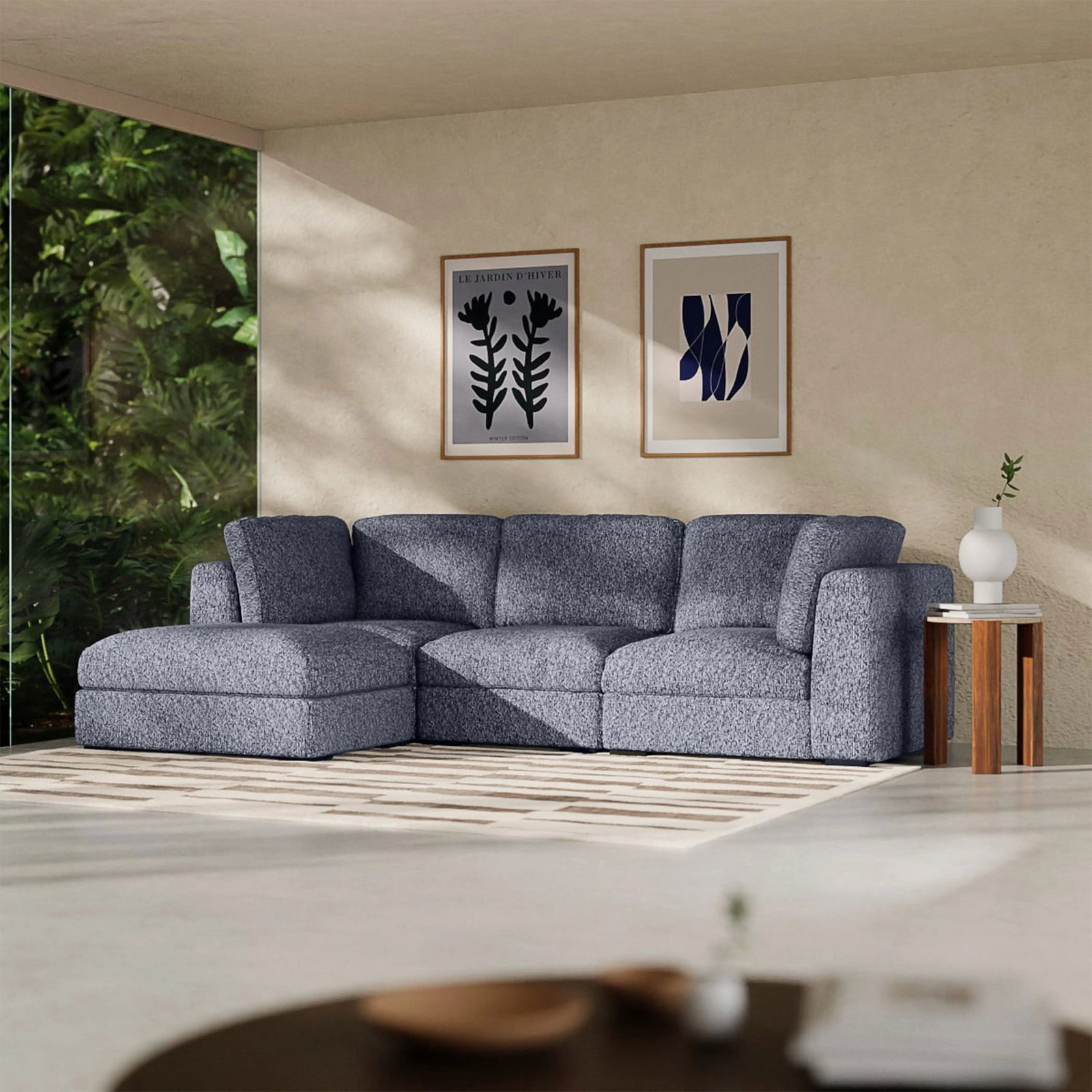 Brigitte 3 Seater L Shape Sofa | Blue Chenille Fabric
