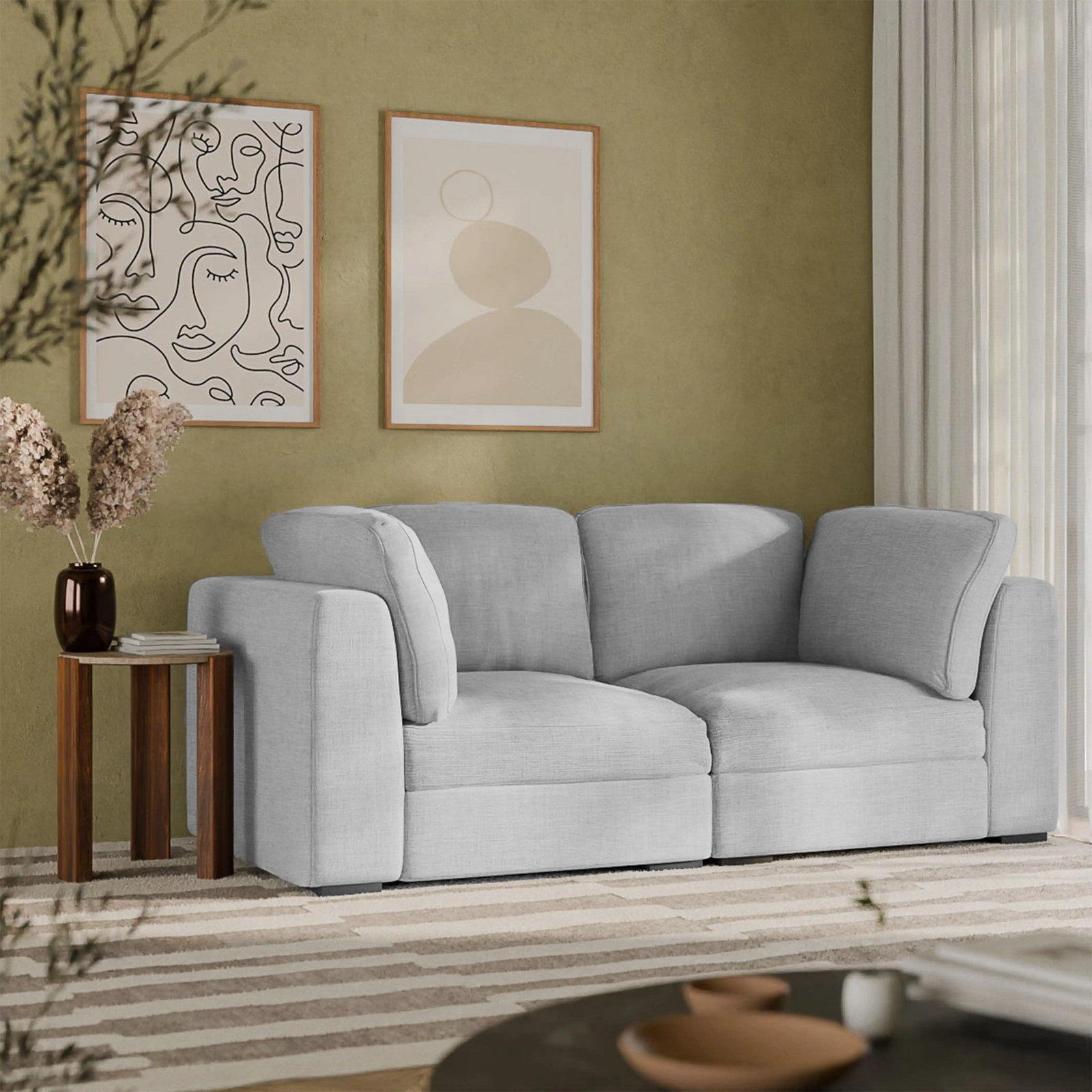 Brigitte 2 Seater Modular Sofa | Light Grey Chenille Fabric