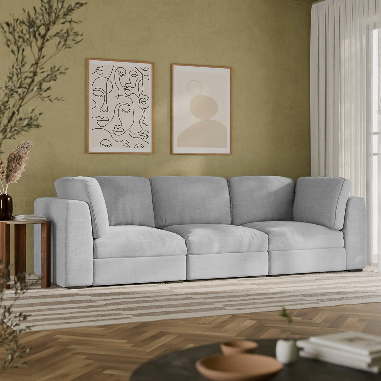 Brigitte 3 Seater Modular Sofa | Light Grey Chenille Fabric