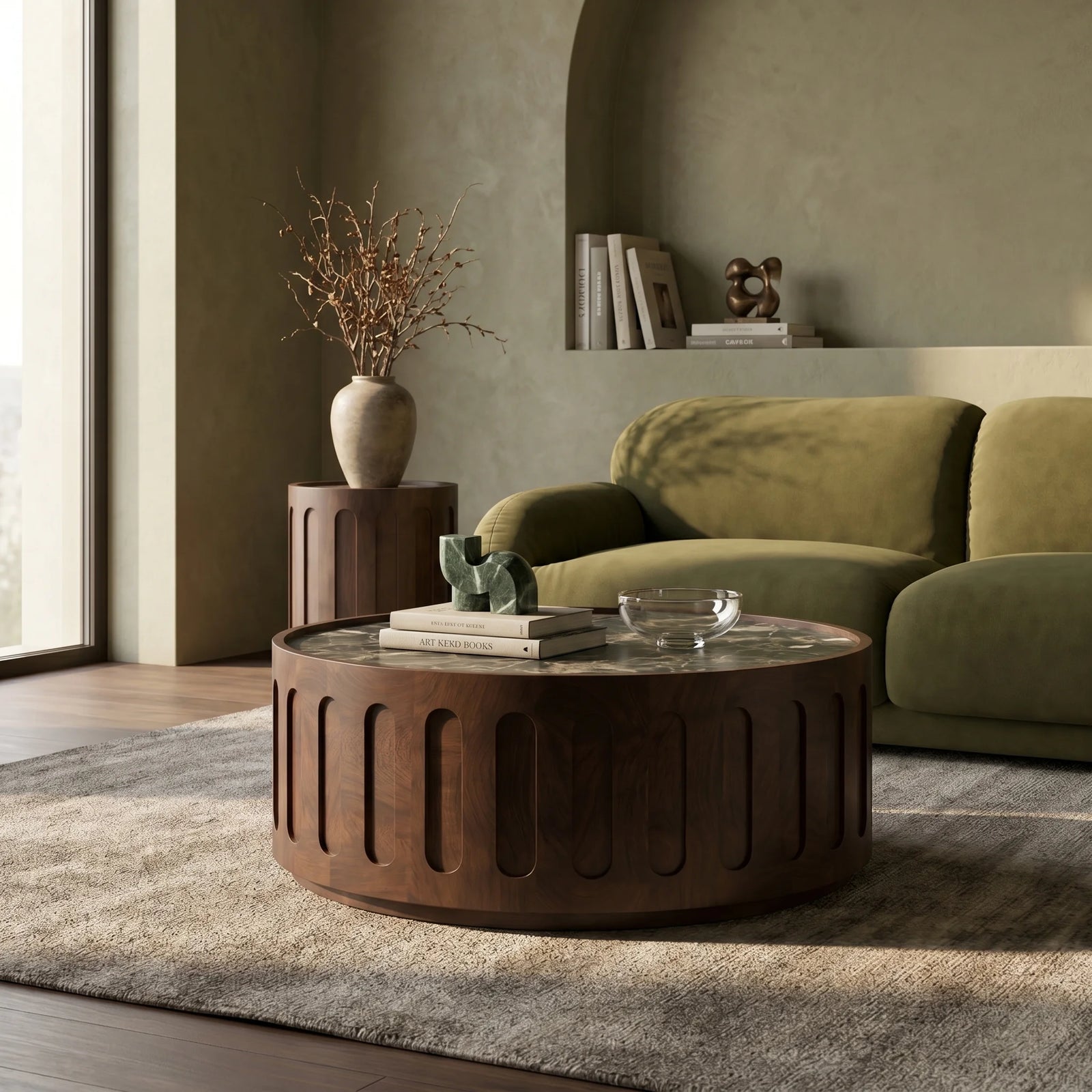 Juno Round Coffee Table | Emperador Brown Honed Marble & Walnut