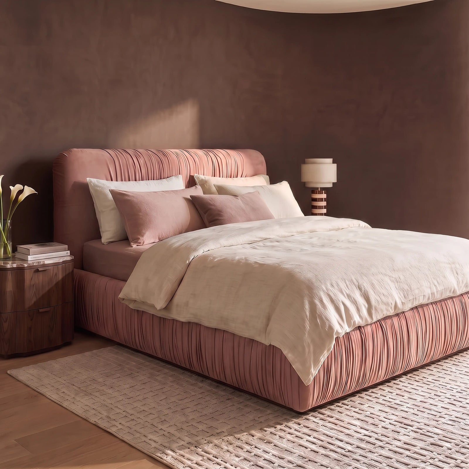 Bronte Ottoman Storage King Bed | Blush Pink Sustainable Velvet
