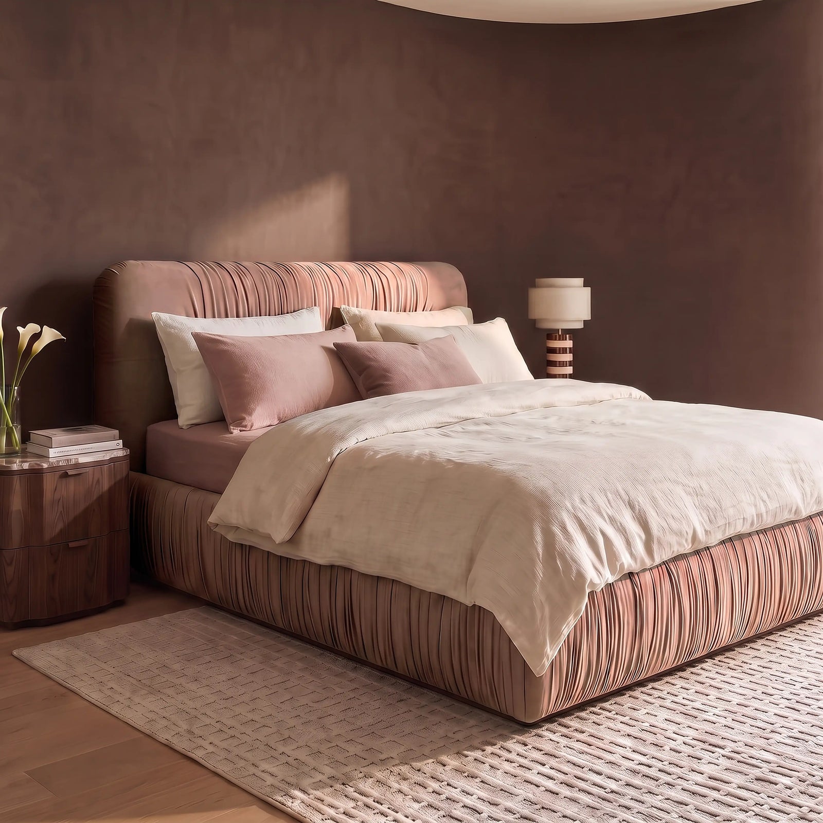 Bronte Ottoman Storage King Bed | Blush Pink Sustainable Velvet