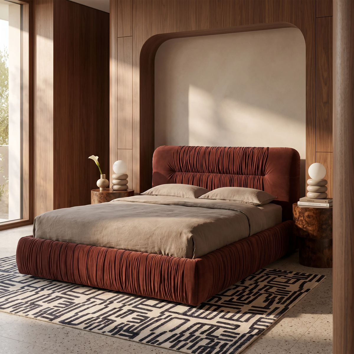Bronte Ottoman Storage King Bed | Rust Red Sustainable Velvet