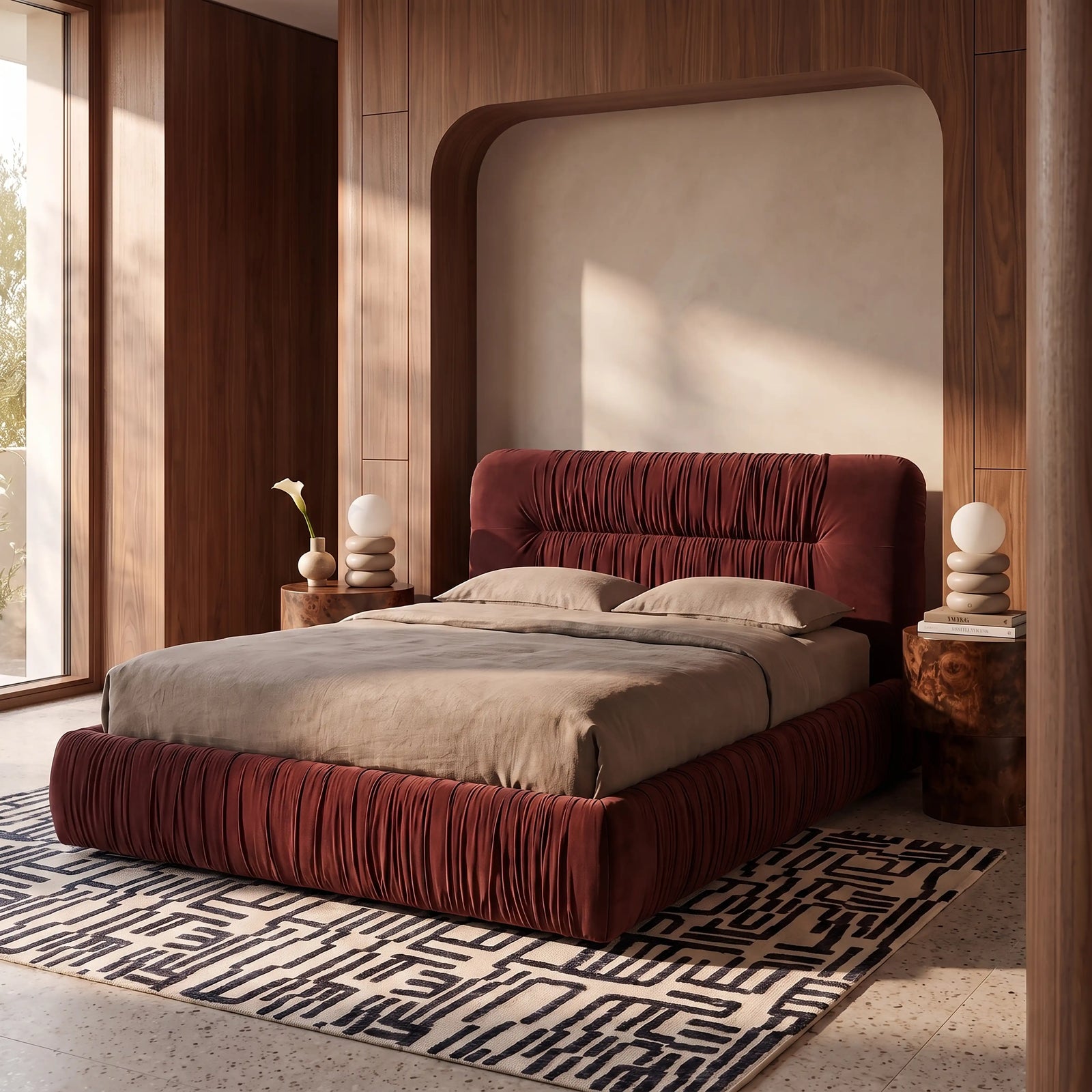 Bronte Ottoman Storage King Bed | Rust Red Sustainable Velvet