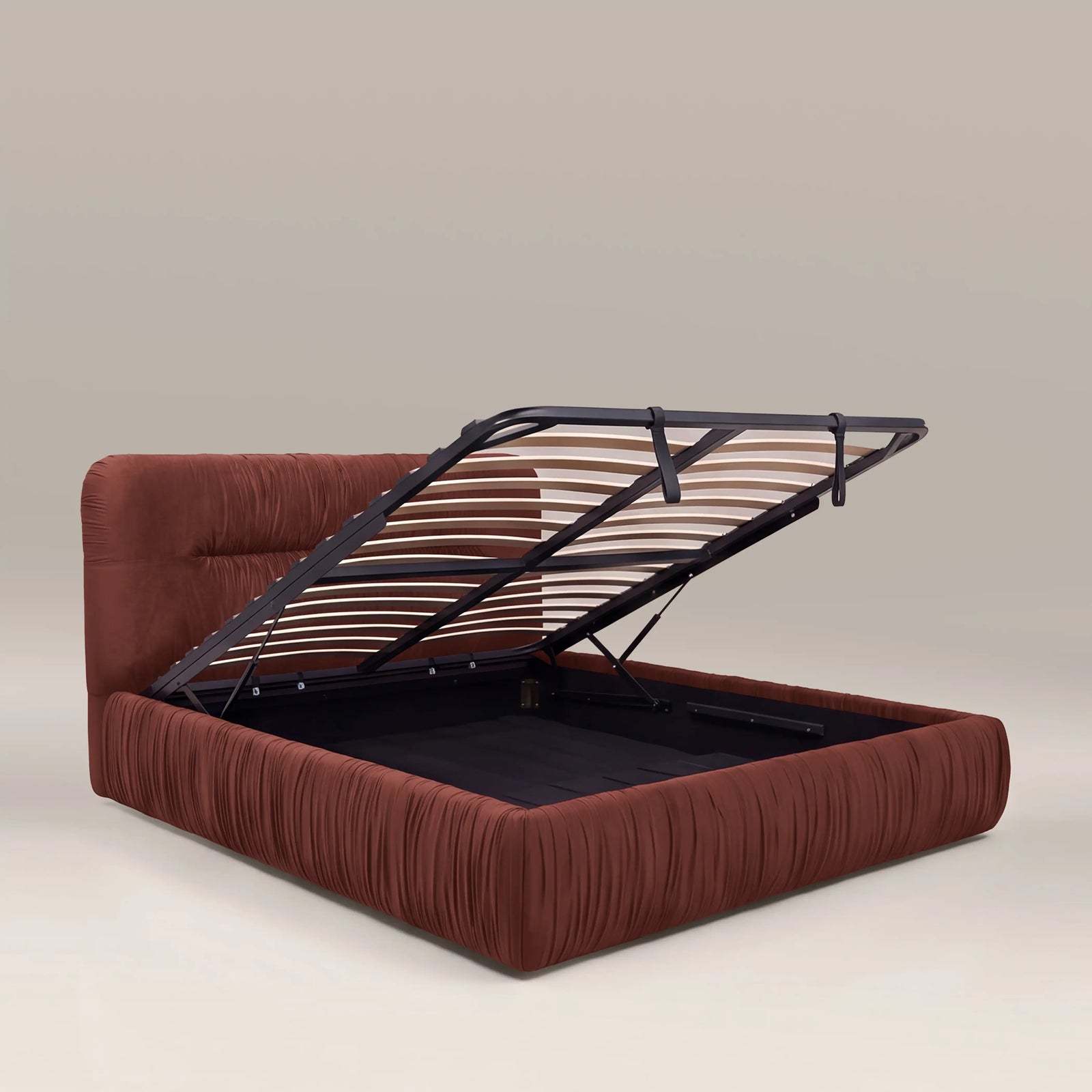 Bronte Ottoman Storage King Bed | Rust Red Sustainable Velvet