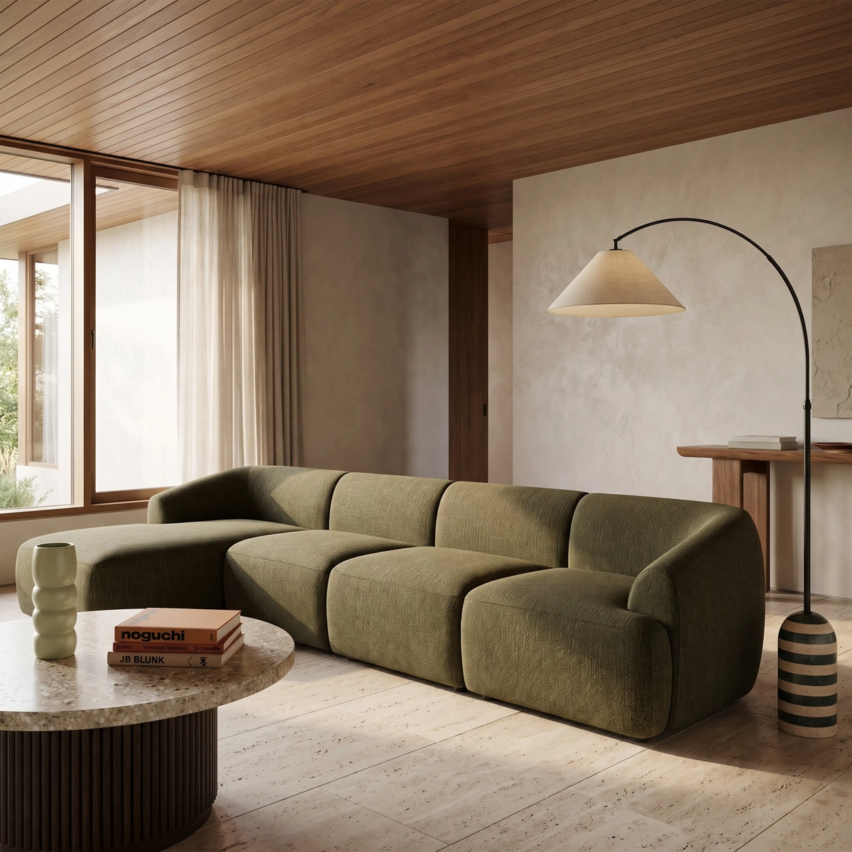 Malmo Left Hand 4 Seater Chaise Sofa | Olive Green Velvet Chenille