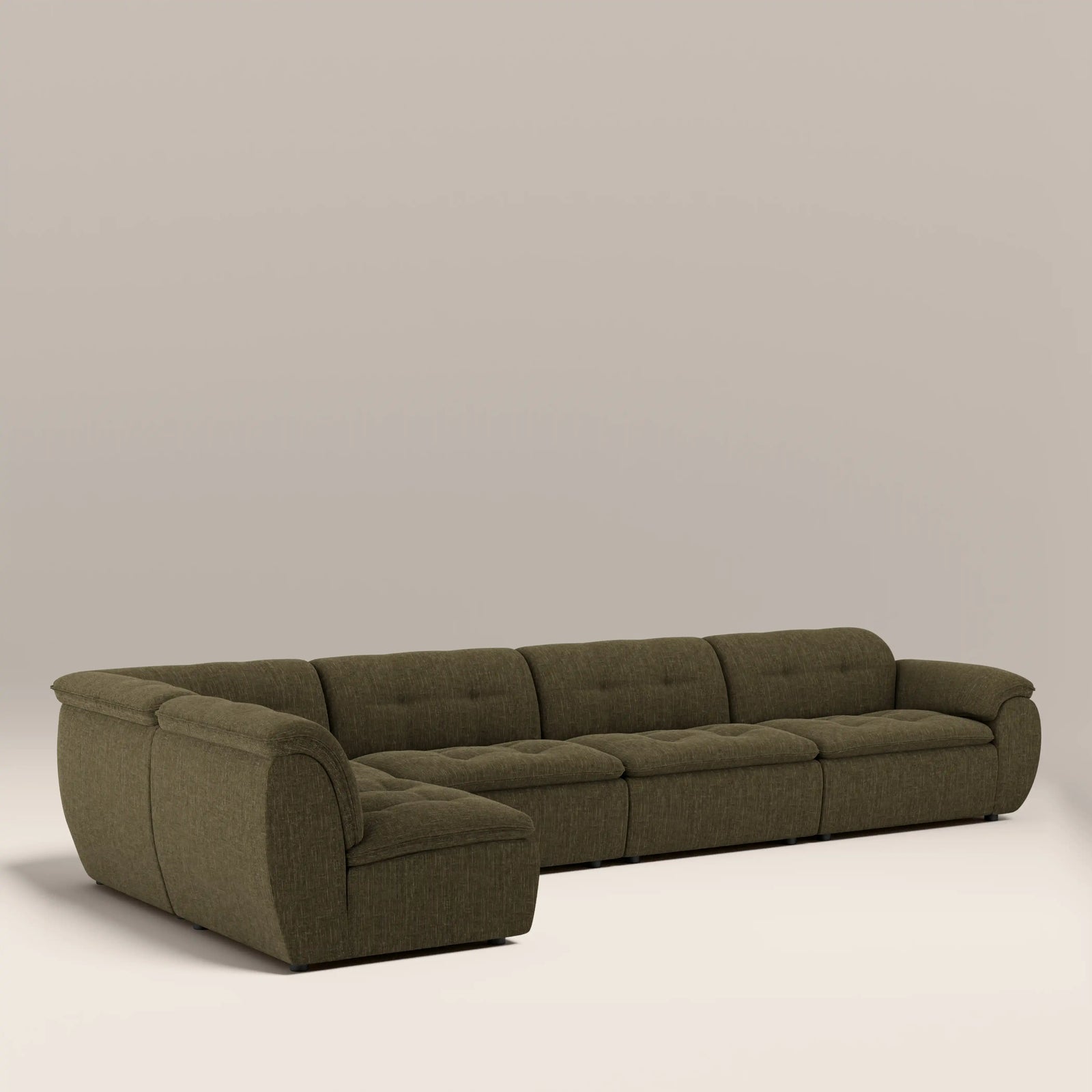 Bamba Left Hand Armless 4 Seater Corner Sofa | Olive Green Velvet Chenille