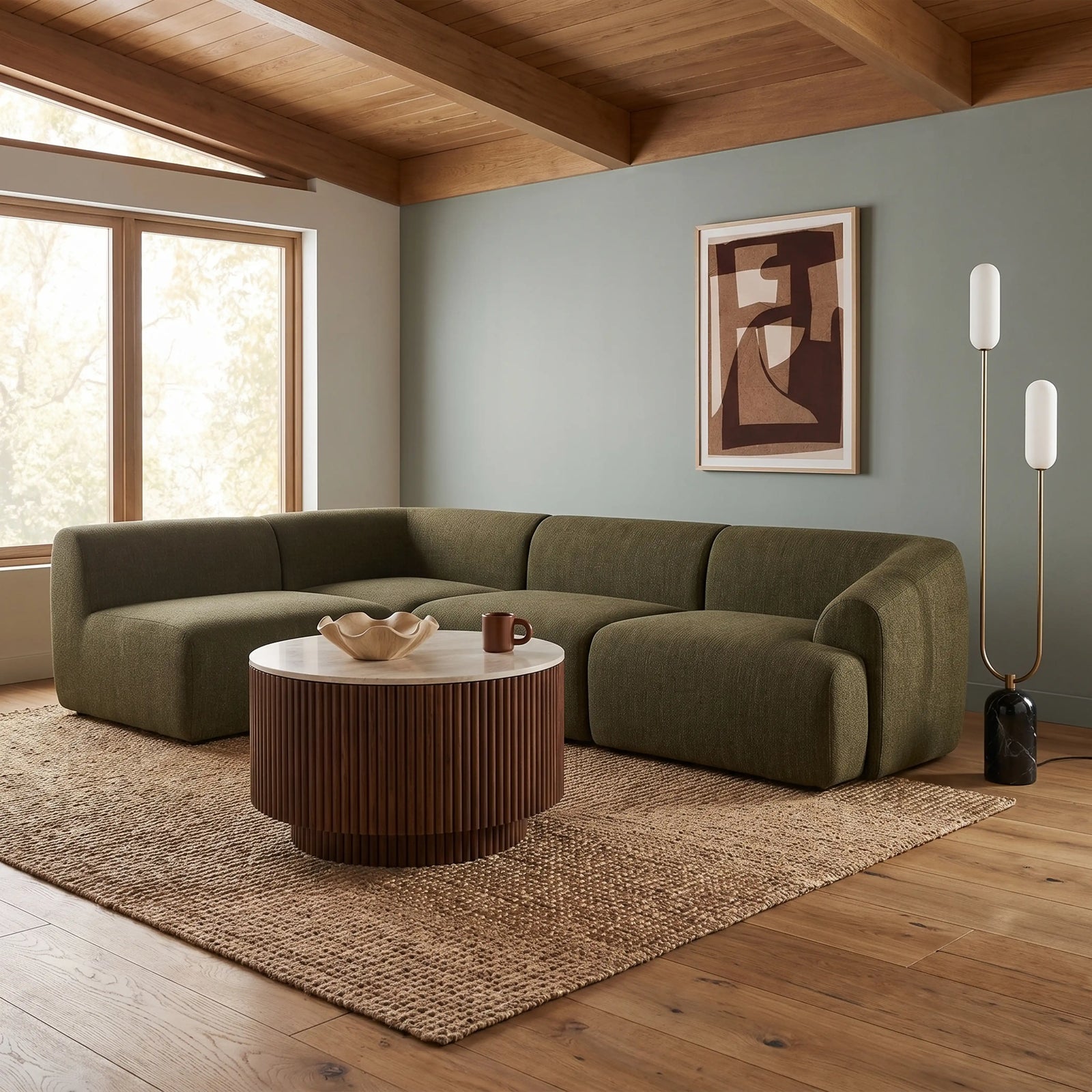 Malmo Left Hand Armless 3 Seater Corner Sofa | Olive Green Velvet Chenille