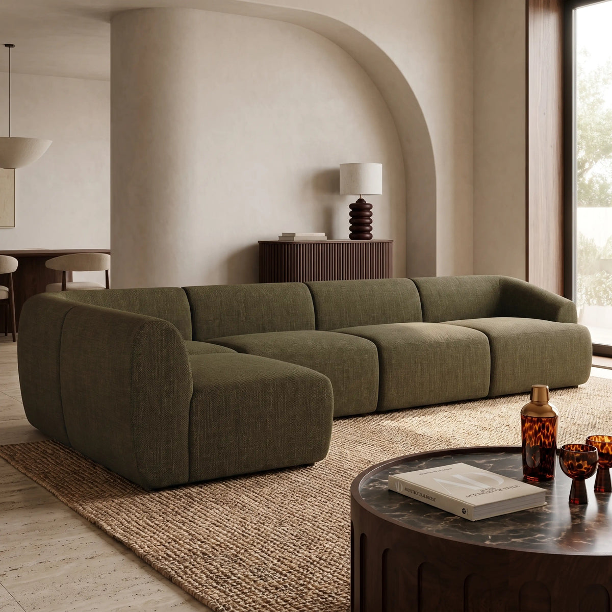 Malmo Left Hand Armless 4 Seater Corner Sofa | Olive Green Velvet Chenille
