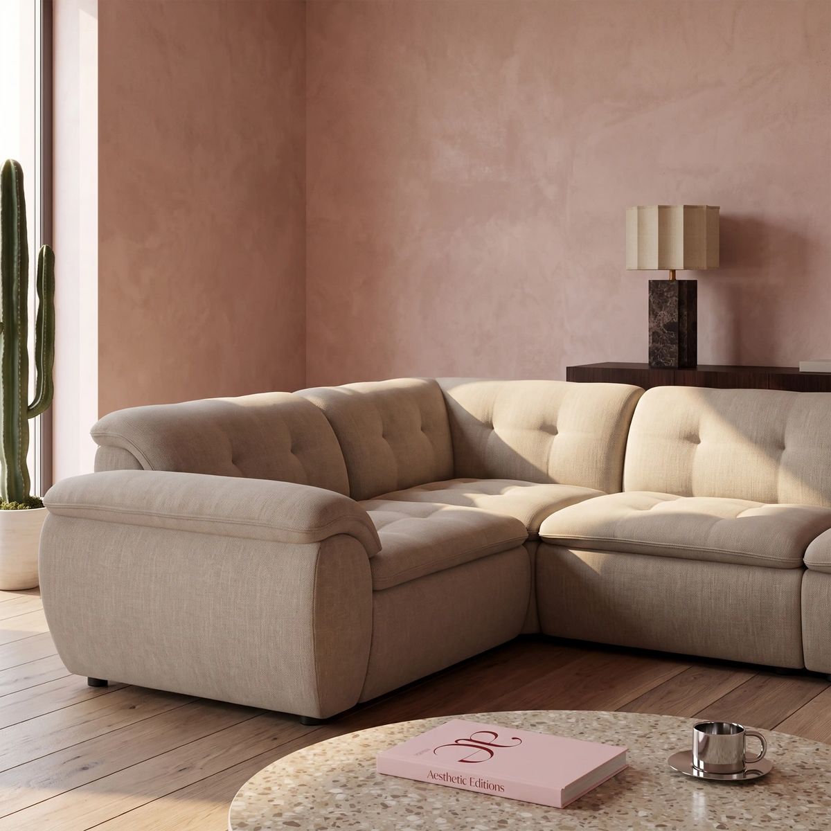 Bamba Left Hand 3 Seater Corner Sofa | Pebble Grey Velvet Chenille