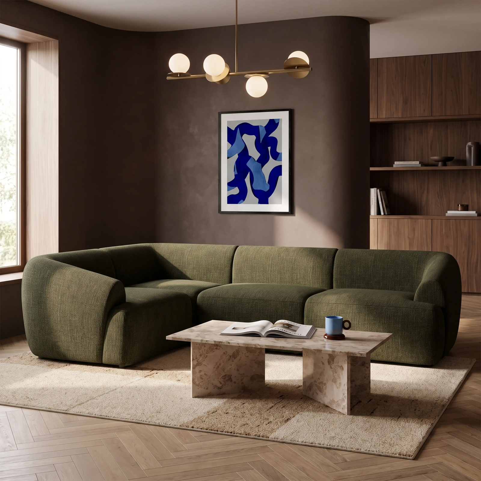 Malmo Left Hand 3 Seater Corner Sofa | Olive Green Velvet Chenille