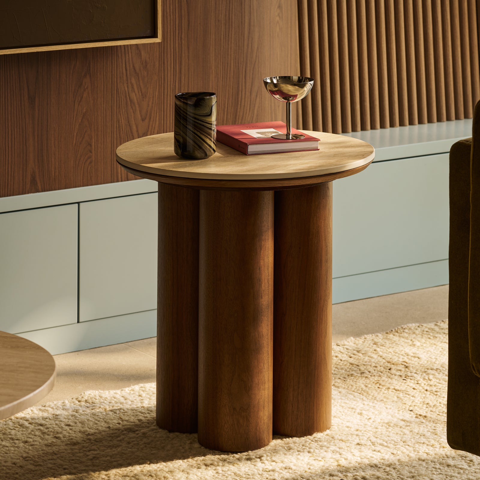 Noelle Round Side Table | Natural Travertine Effect Sintered Stone & Walnut