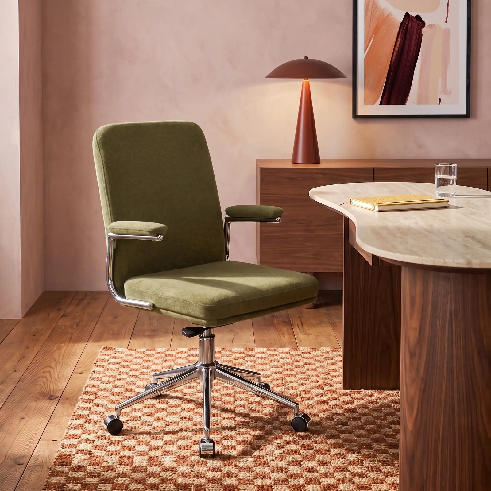 Elara Office Chair | Moss Green Sustainable Mohair Velvet & Chrome