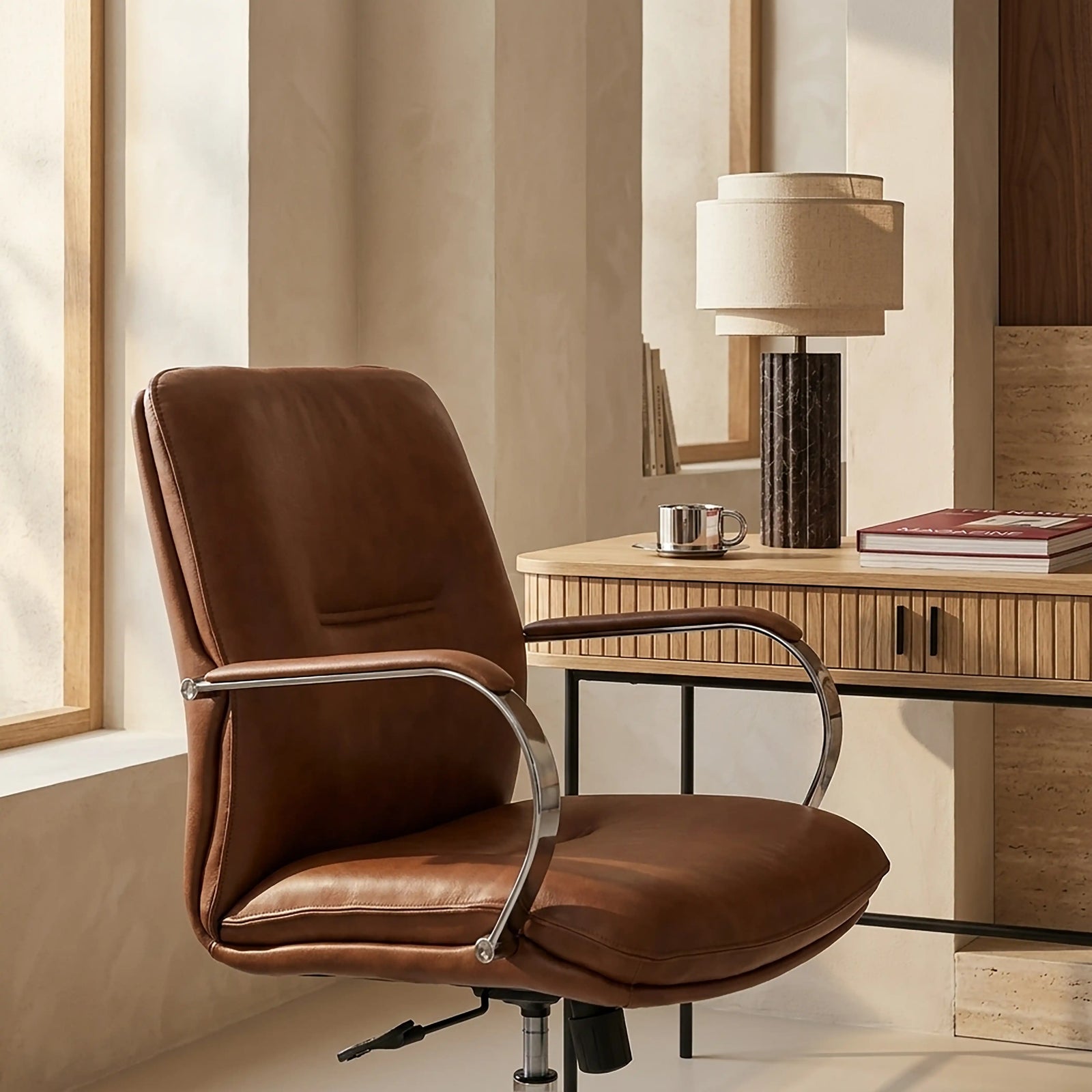 Flynn Office Chair | Vintage Tan Faux Leather & Chrome